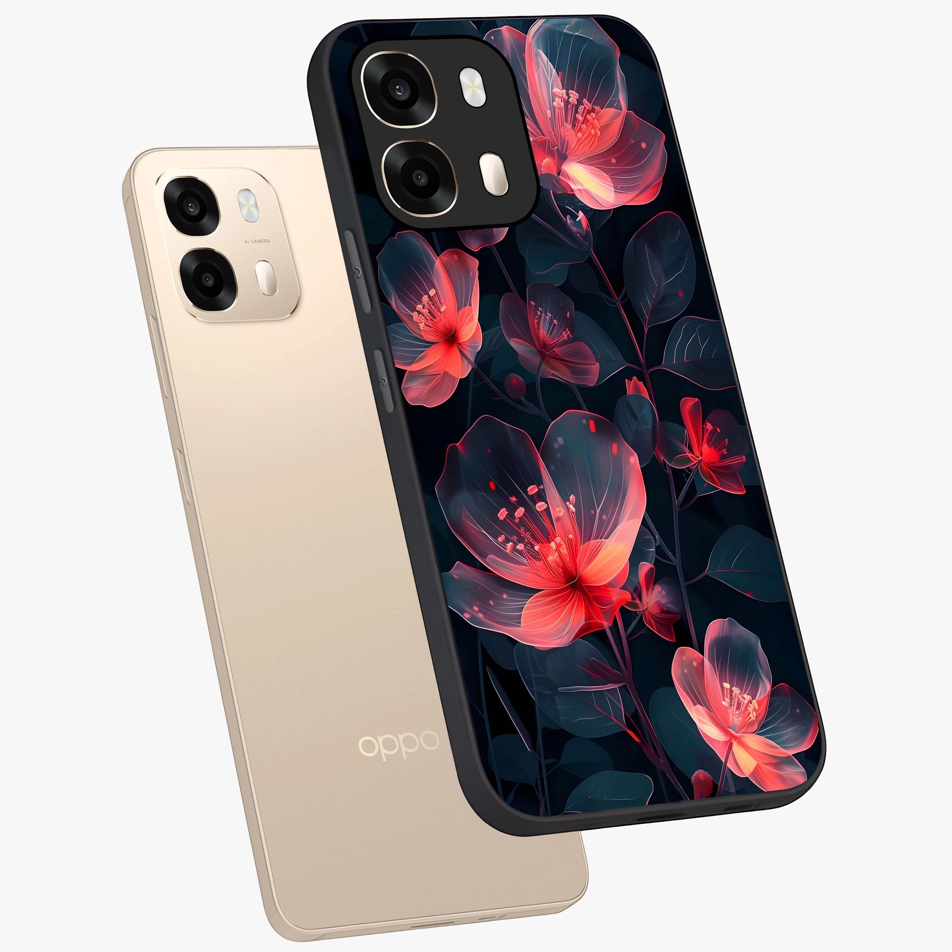 Dark Shade of Flower Glass Case displayed in angled mockup highlighting moody floral illustration with aesthetic dark tones.