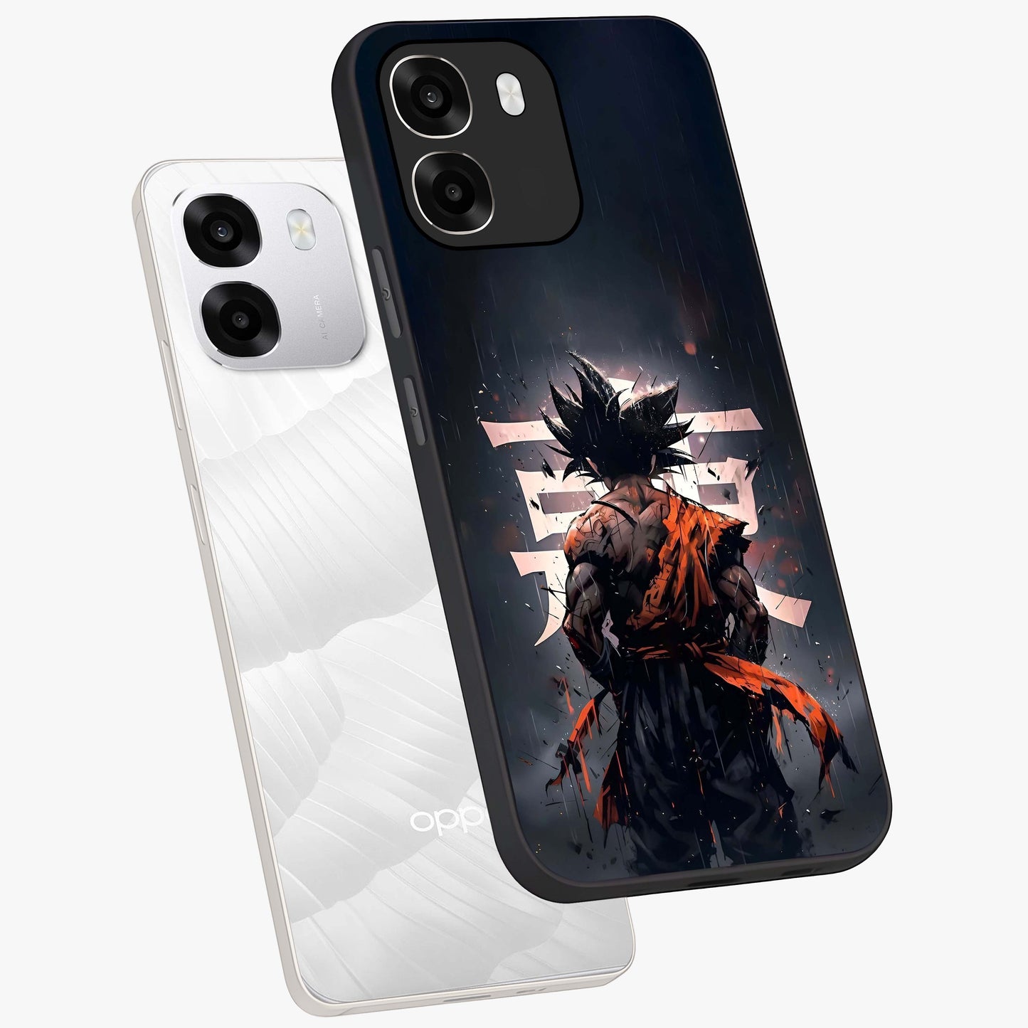 Dark Warrior In Rain Glass Case displayed in angled mockup highlighting dramatic warrior illustration with dark rain aesthetic.