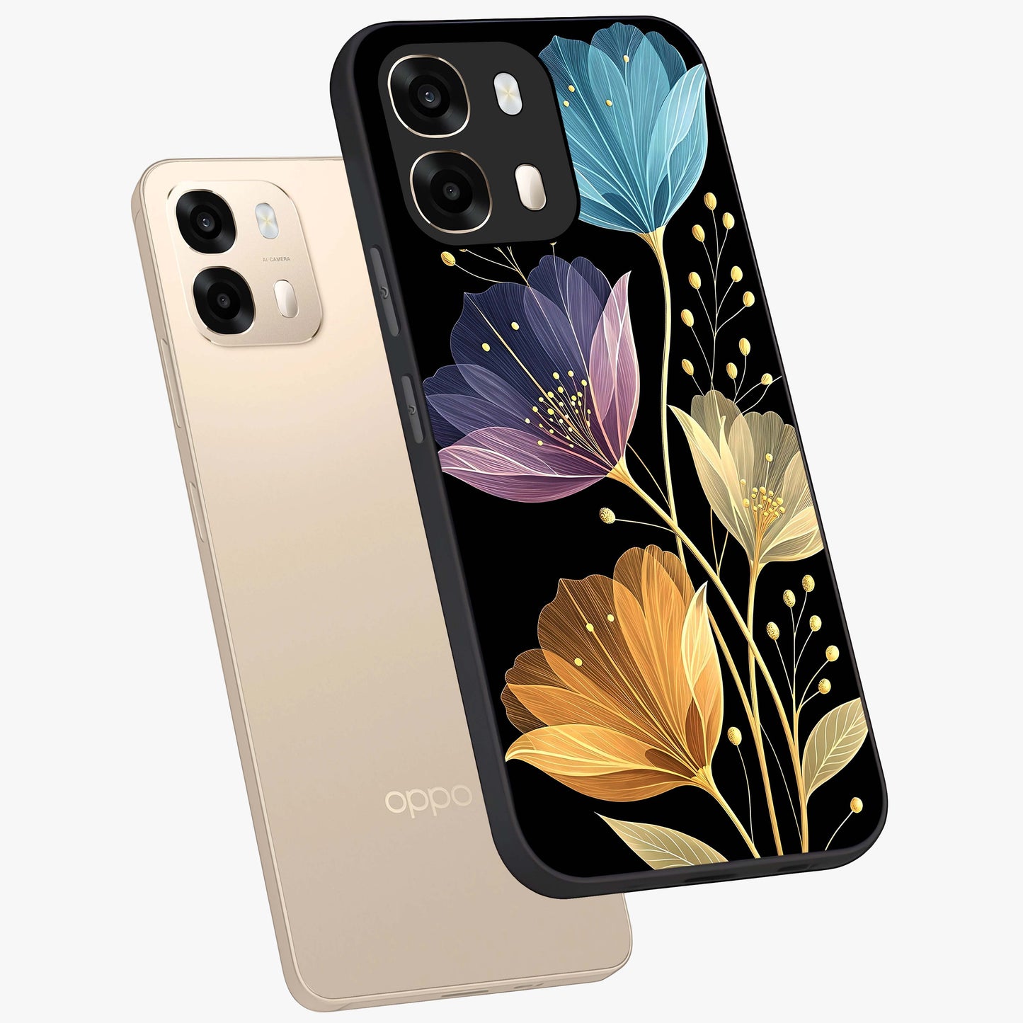 Delicate Multicolor Flowers Glass Case displayed in angled mockup highlighting colorful flower pattern with soft aesthetic style.