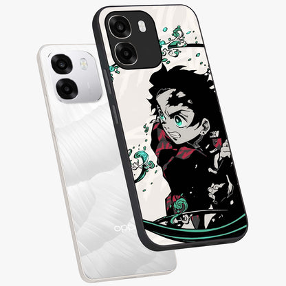Demon Slayer Glass Case displayed in angled mockup highlighting dramatic anime character design with action aesthetic.