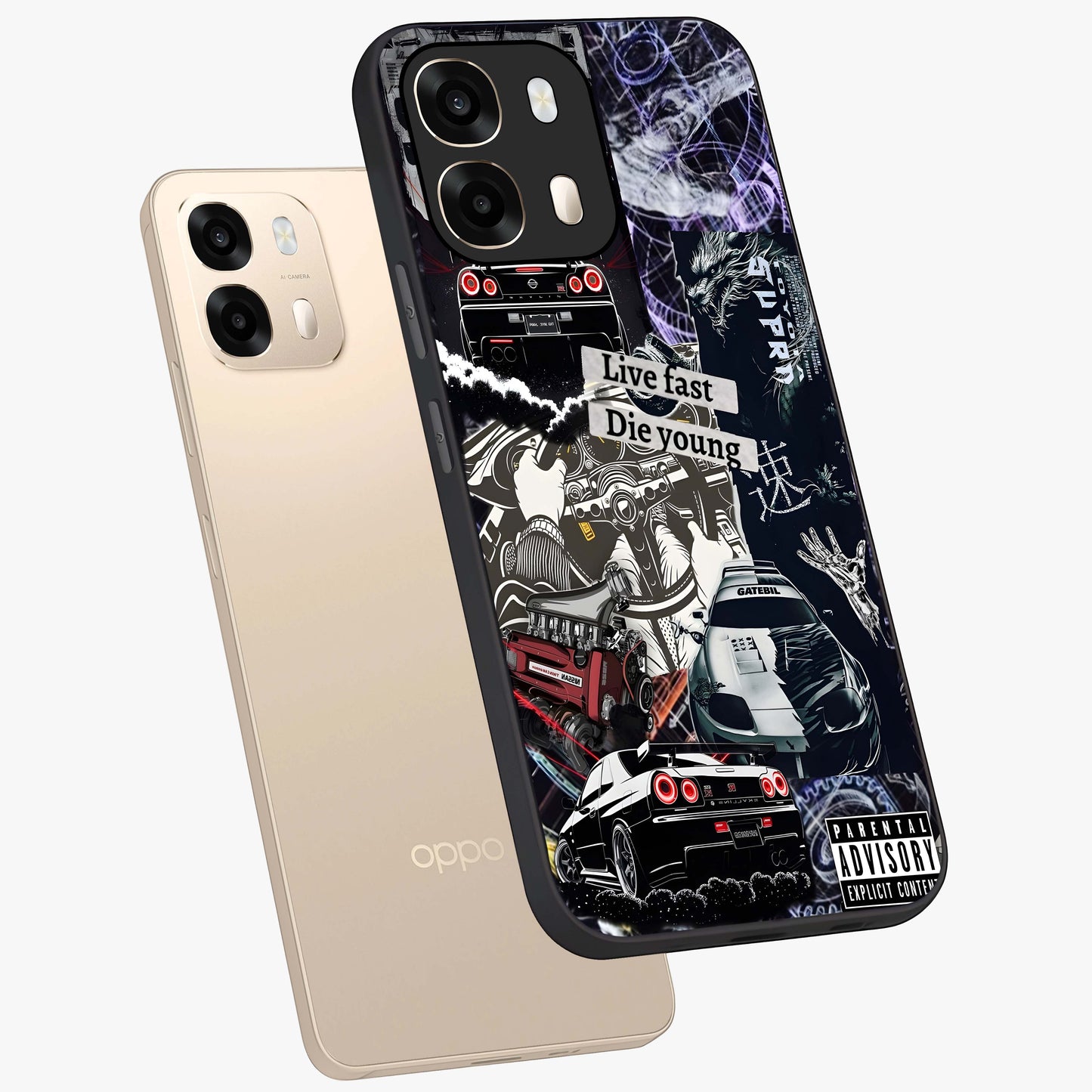 Die Young Glass Case displayed in angled mockup highlighting expressive graphic artwork with edgy aesthetic style.