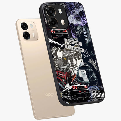 Die Young Glass Case displayed in angled mockup highlighting expressive graphic artwork with edgy aesthetic style.
