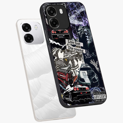 Die Young Glass Case displayed in angled mockup highlighting expressive graphic artwork with edgy aesthetic style.