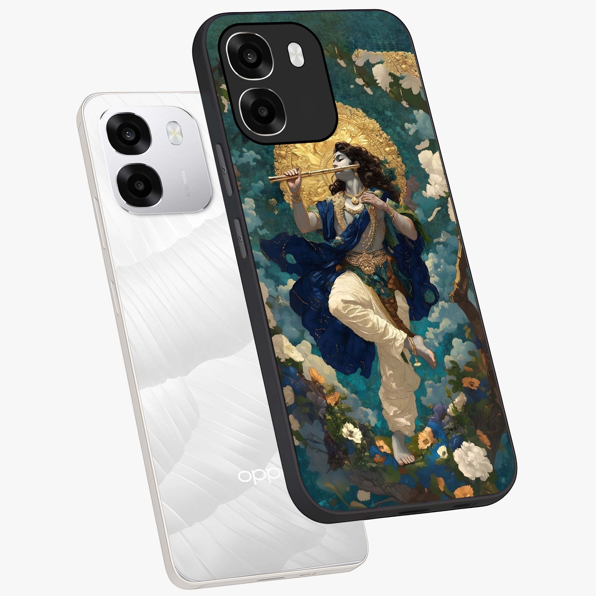 Divine Krishna Art Glass Case displayed in angled mockup highlighting spiritual Krishna illustration with devotional aesthetic.