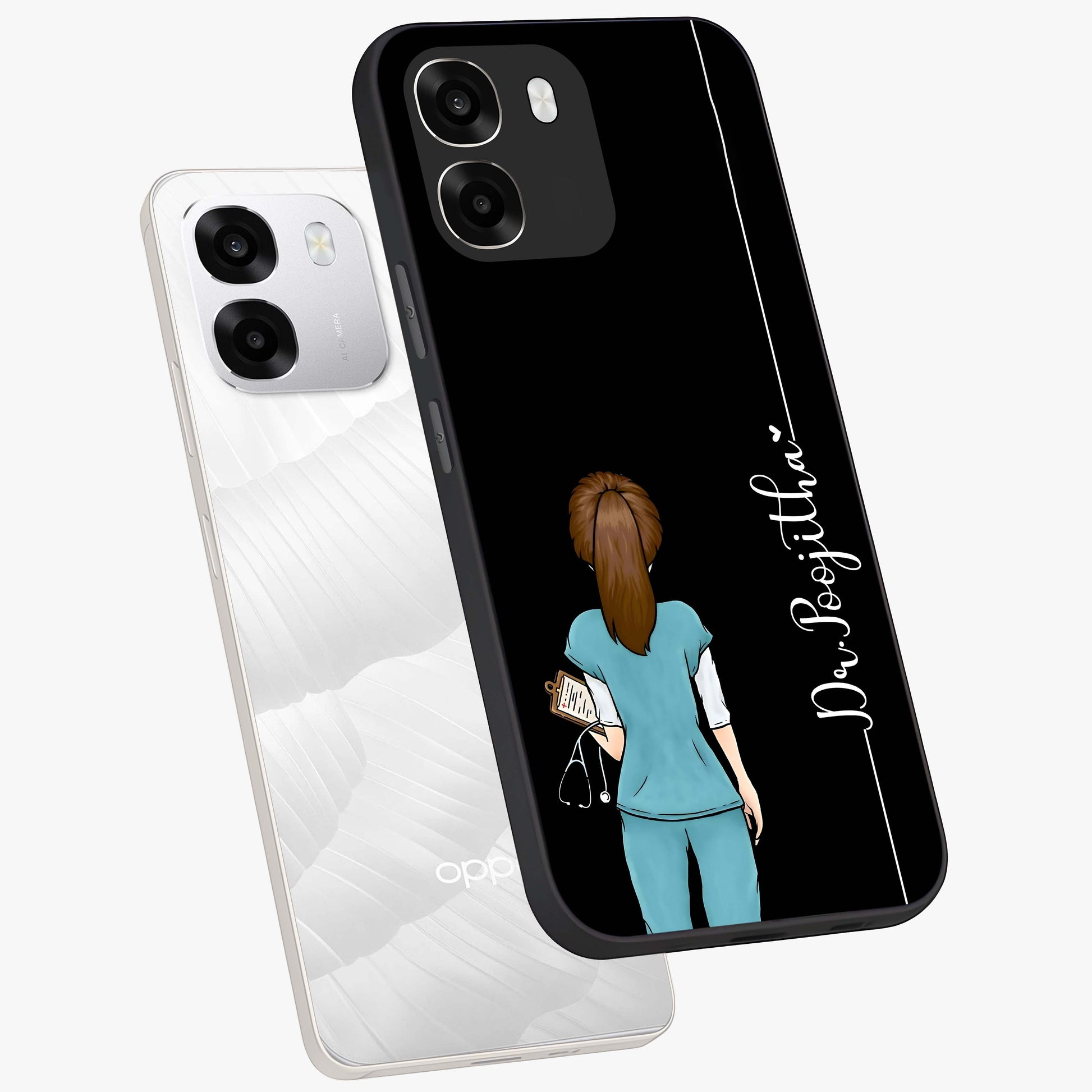 Doctor Pattern Custom Name Glass Case displayed in angled mockup highlighting doctor inspired artwork with custom name feature.