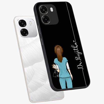 Doctor Pattern Custom Name Glass Case displayed in angled mockup highlighting doctor inspired artwork with custom name feature.