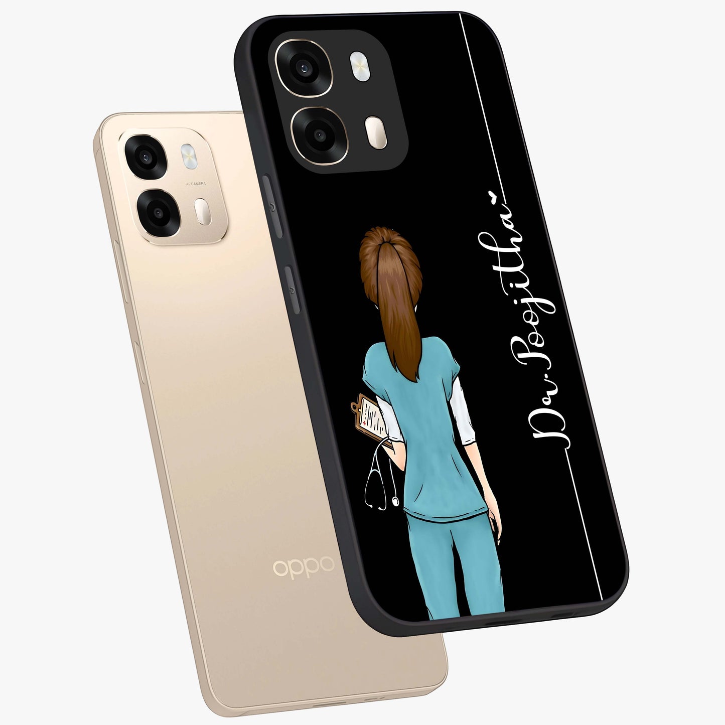 Doctor Pattern Custom Name Glass Case displayed in angled mockup highlighting doctor inspired artwork with custom name feature.