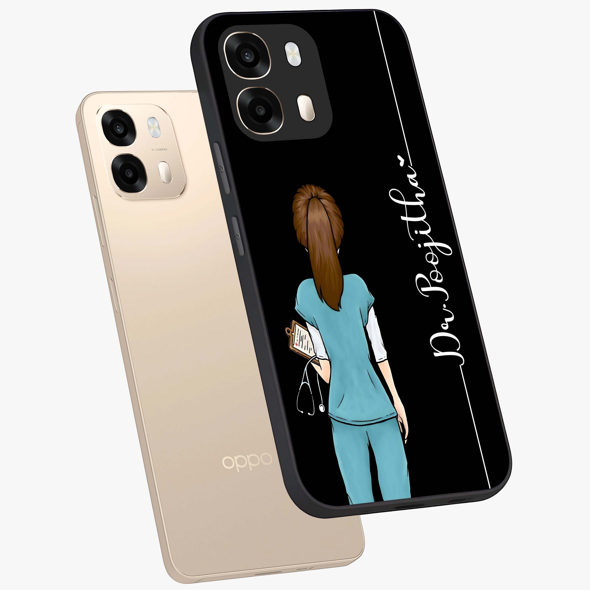Doctor Pattern Custom Name Glass Case displayed in angled mockup highlighting doctor inspired artwork with custom name feature.