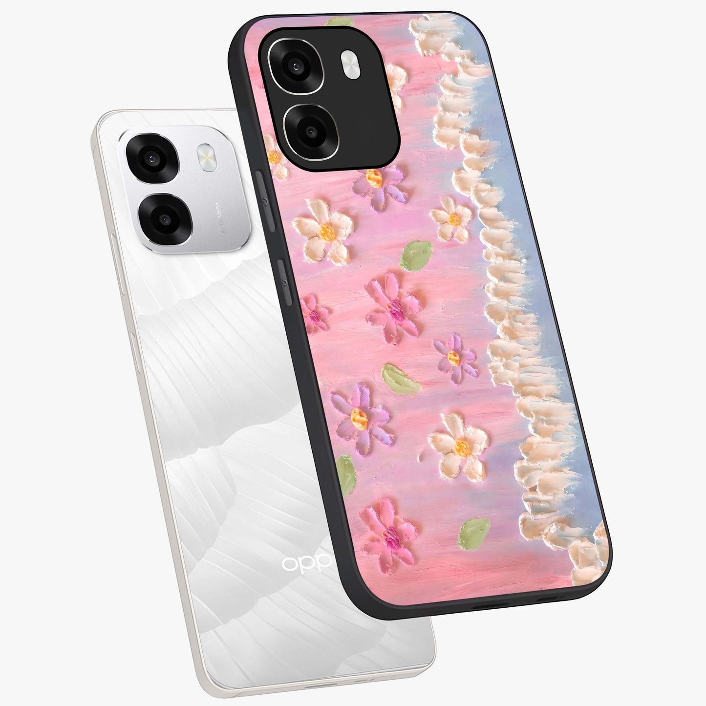 Dreamy Painted Garden Glass Case displayed in angled mockup highlighting colorful garden illustration with dreamy aesthetic style.