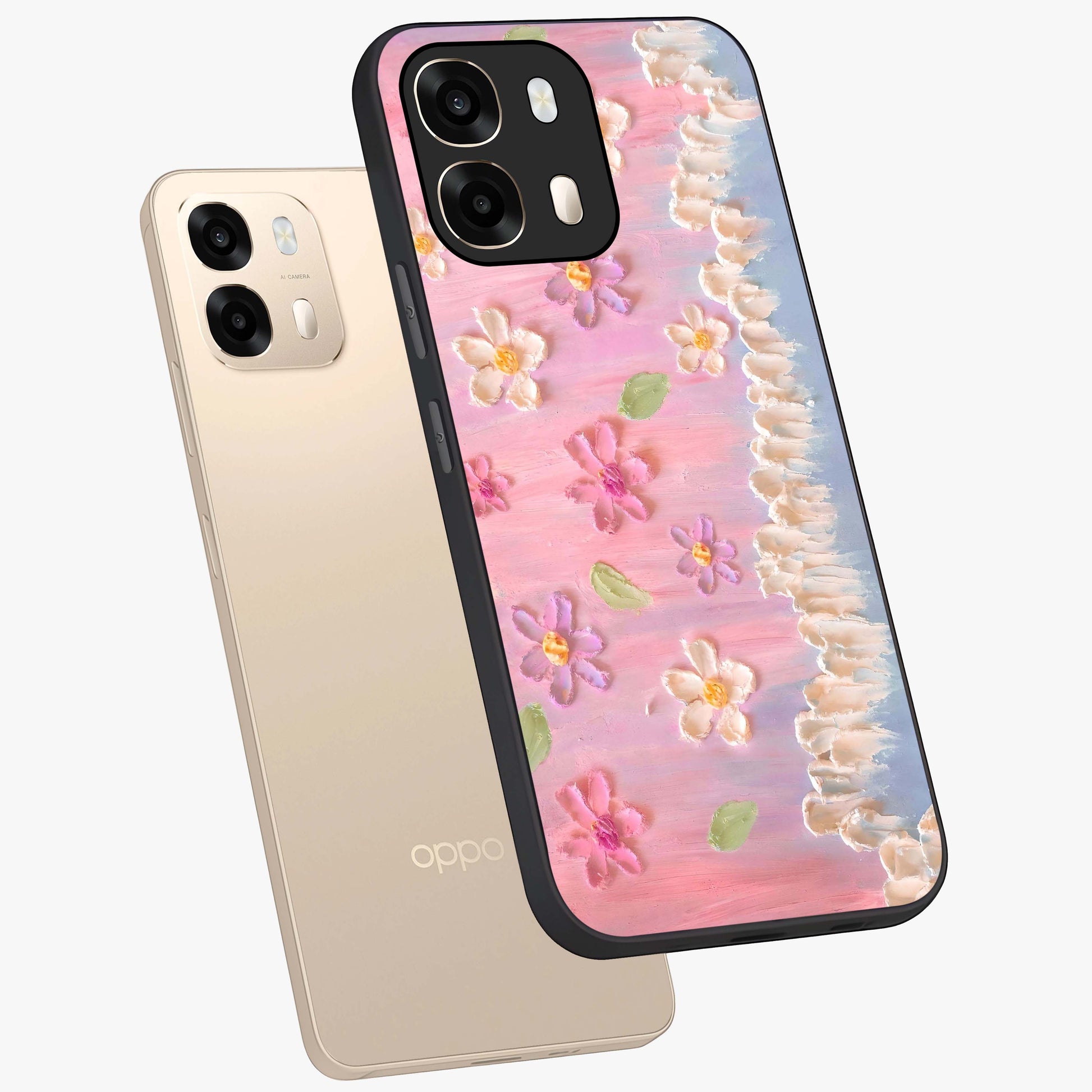 Dreamy Painted Garden Glass Case displayed in angled mockup highlighting colorful garden illustration with dreamy aesthetic style.