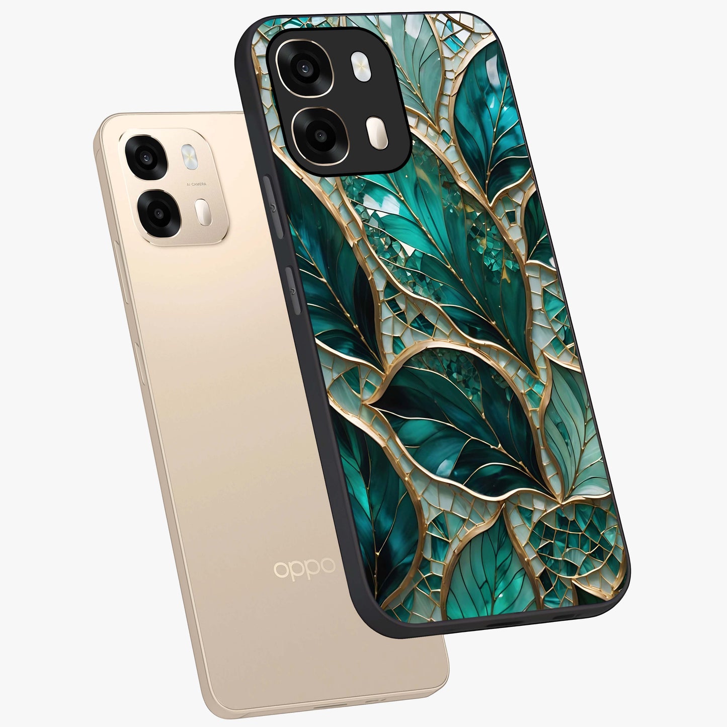 Emerald Leaf Glass Glass Case displayed in angled mockup highlighting botanical leaf illustration with elegant natural aesthetic.