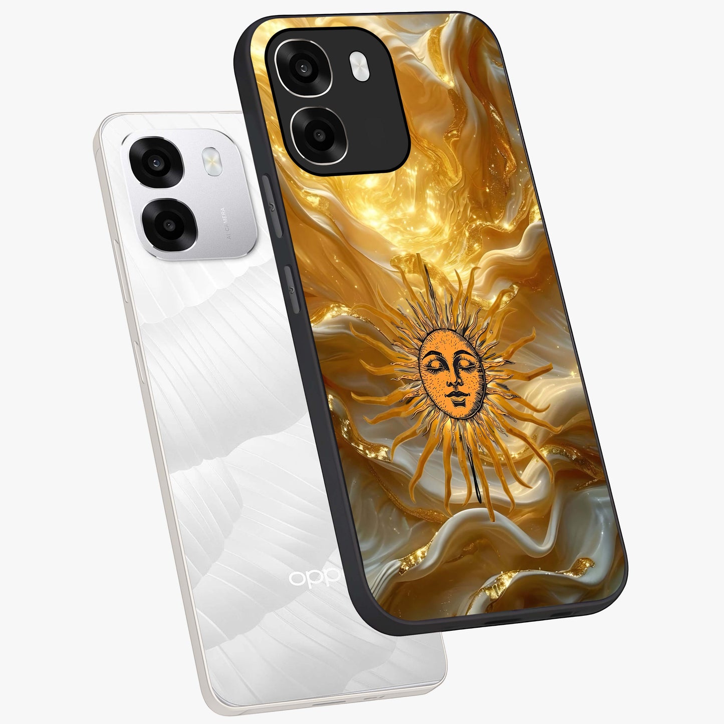 Eternal Golden Glow Glass Case displayed in angled mockup highlighting glowing golden aesthetic design with elegant style.