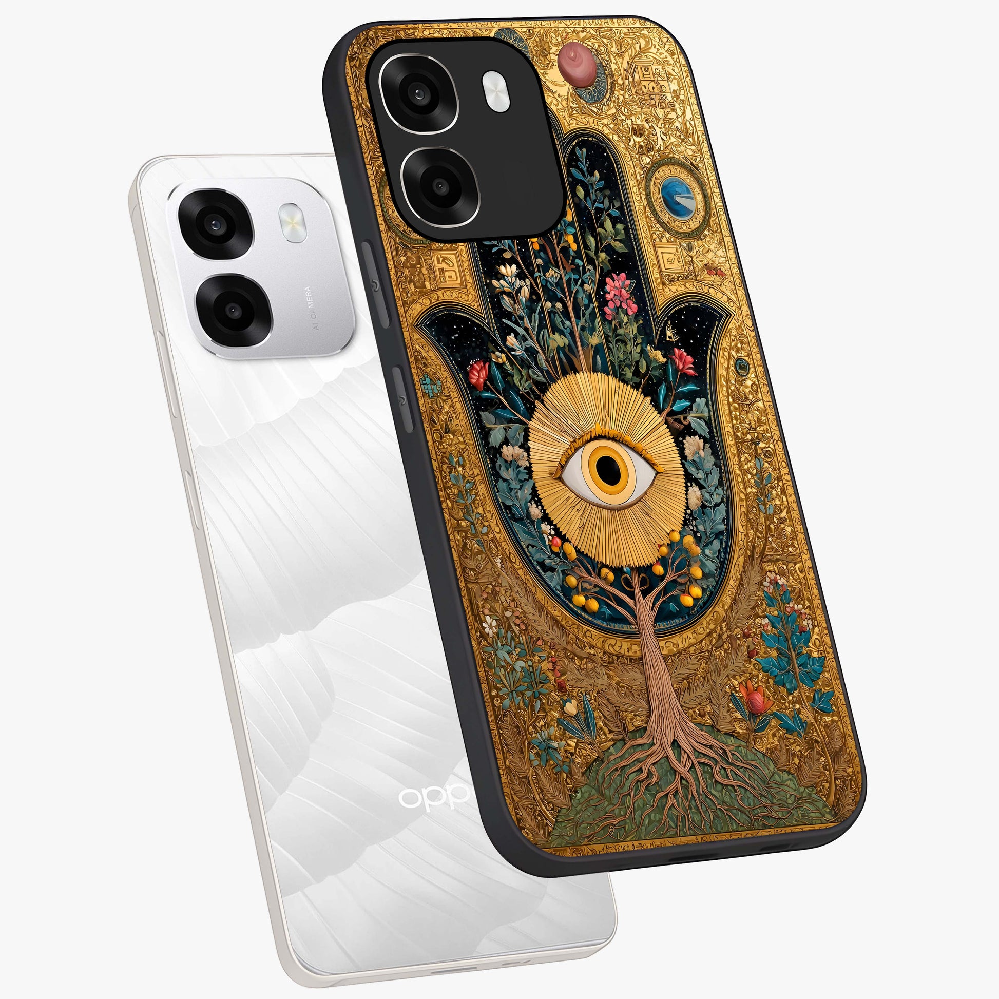 Ethereal Evil Eye Glass Case displayed in angled mockup highlighting protective evil eye symbol with spiritual aesthetic design.
