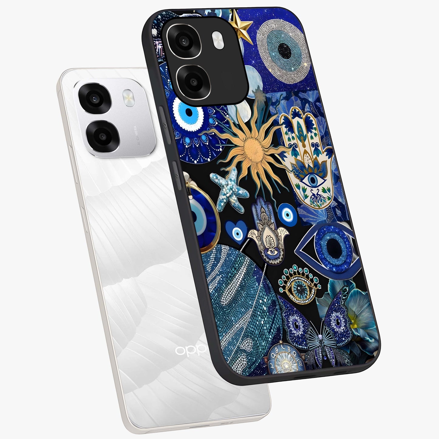 Evil Eye Charm Mix Glass Case displayed in angled mockup highlighting protective evil eye symbols with spiritual aesthetic design.