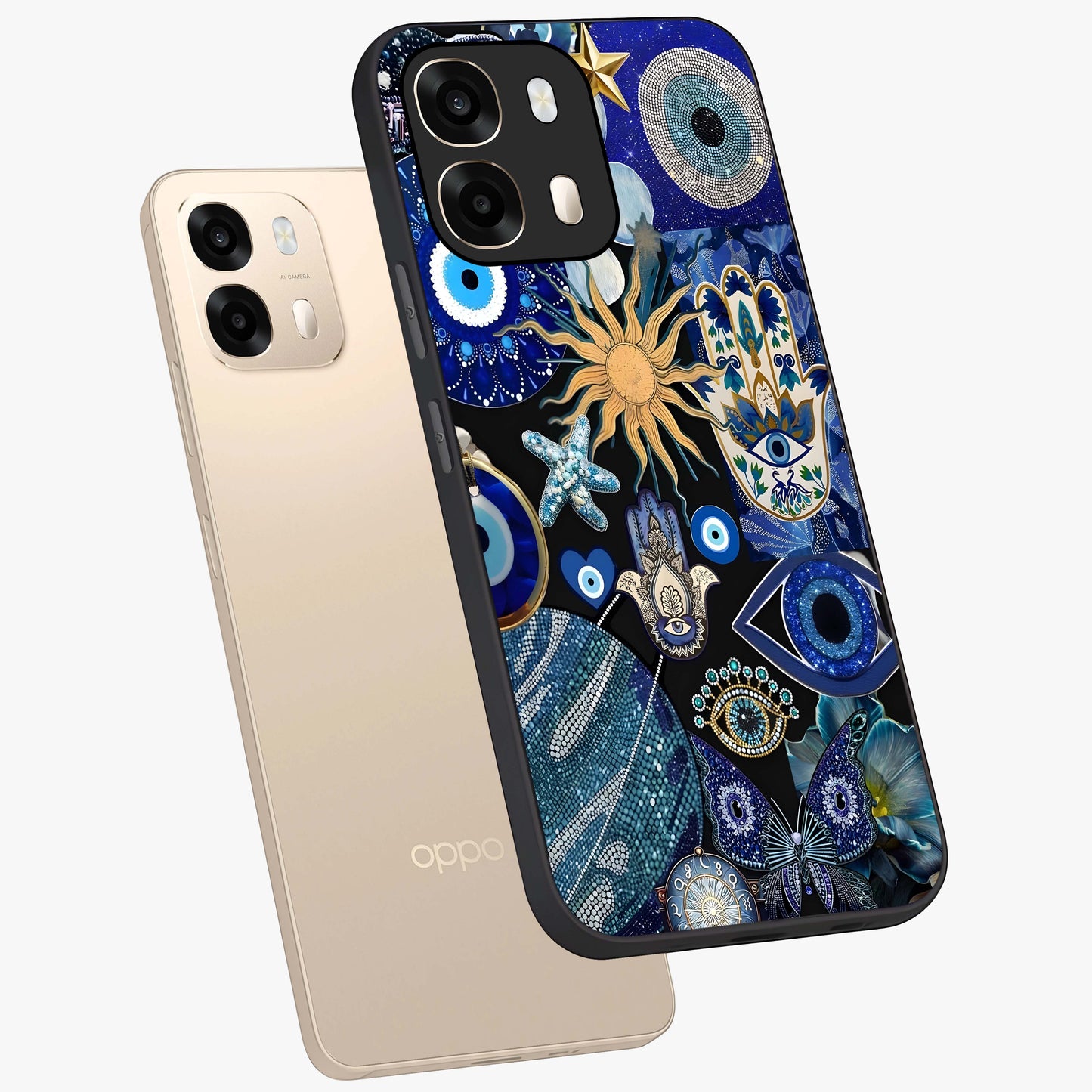 Evil Eye Charm Mix Glass Case displayed in angled mockup highlighting protective evil eye symbols with spiritual aesthetic design.
