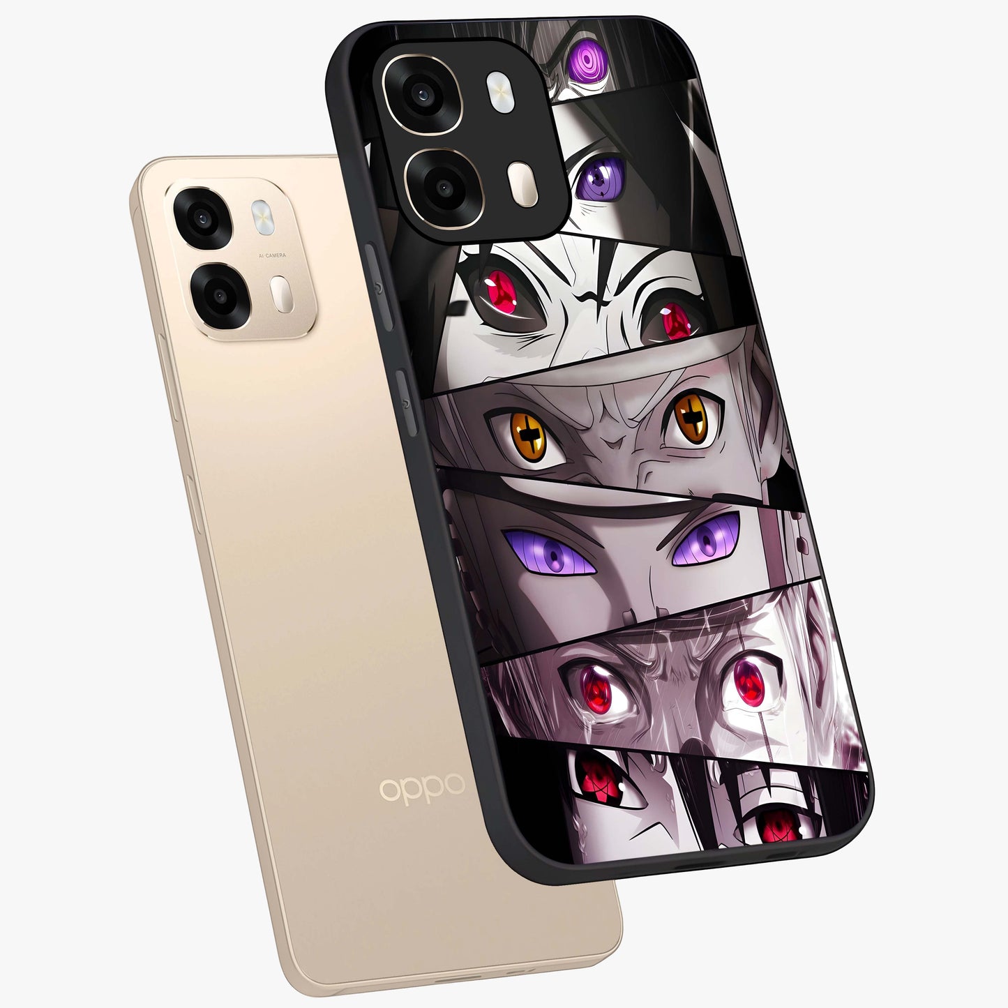 Eyes of Destiny Glass Case displayed in angled mockup highlighting bold eye illustration with mystical aesthetic style.