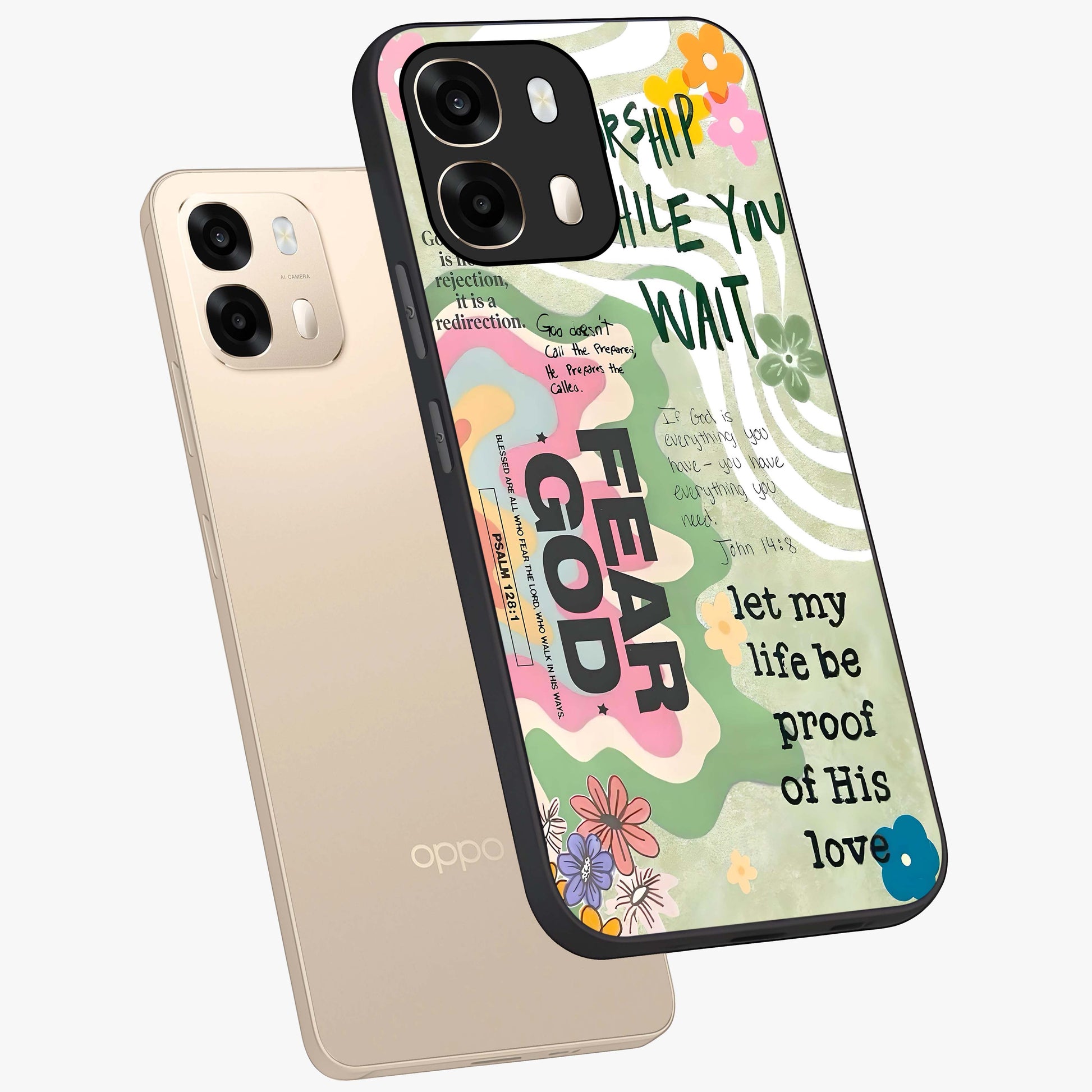 Faith Over Fear Glass Case displayed in angled mockup highlighting inspirational message design with modern aesthetic style.