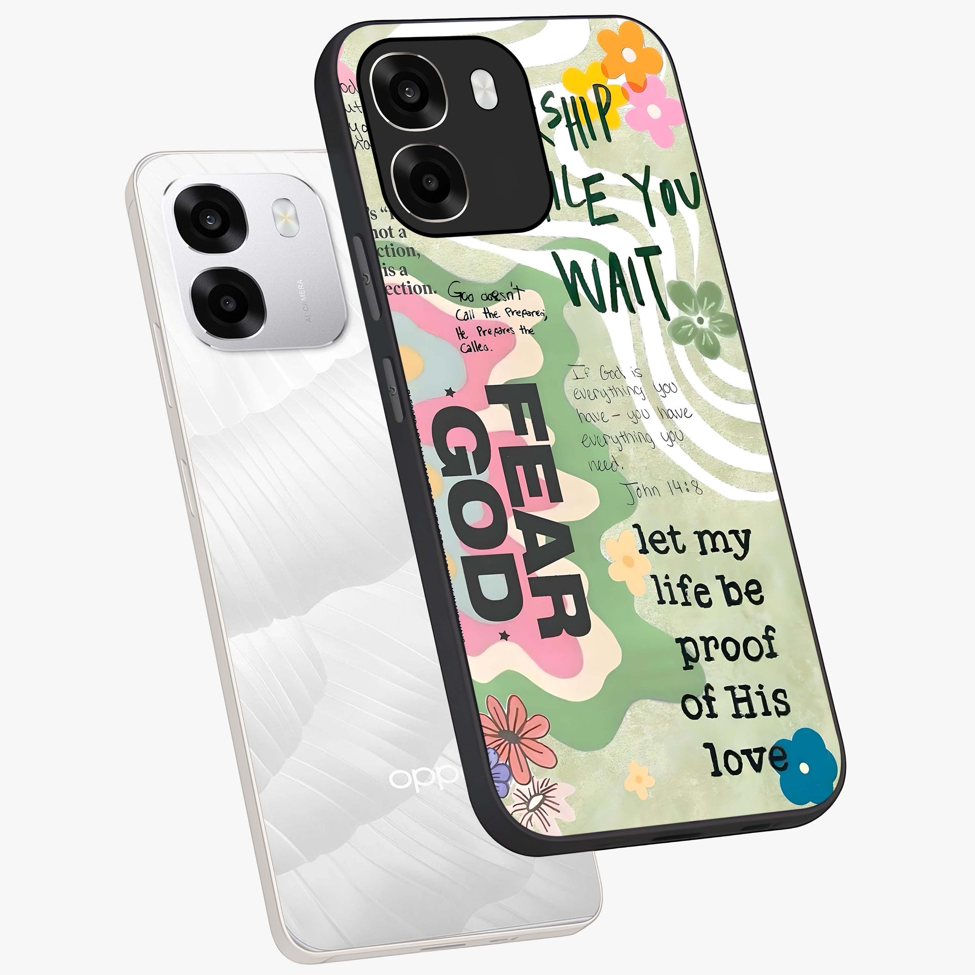 Faith Over Fear Glass Case displayed in angled mockup highlighting inspirational message design with modern aesthetic style.