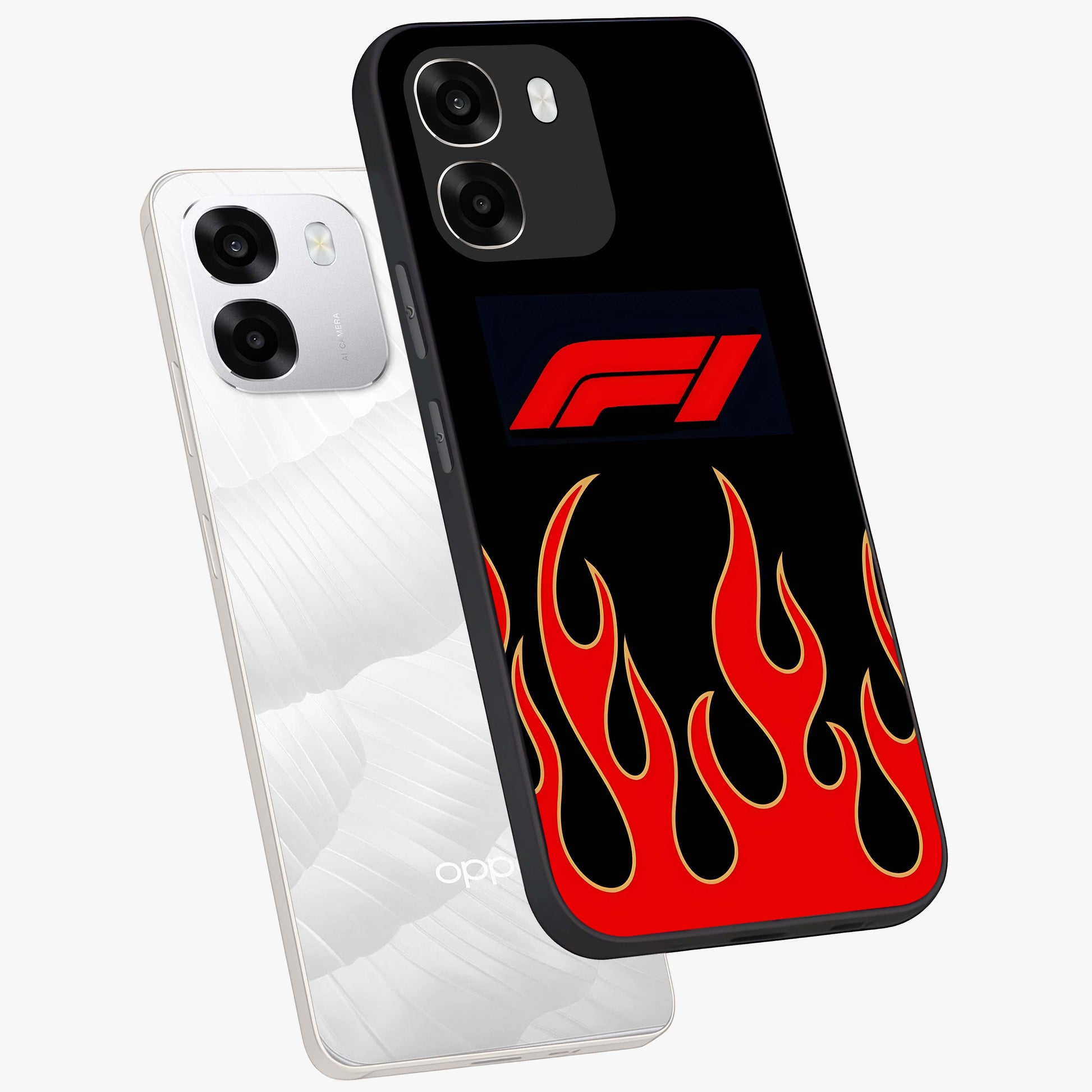 Fire F11 Glass Case displayed in angled mockup highlighting bold fire inspired graphic with energetic aesthetic style.