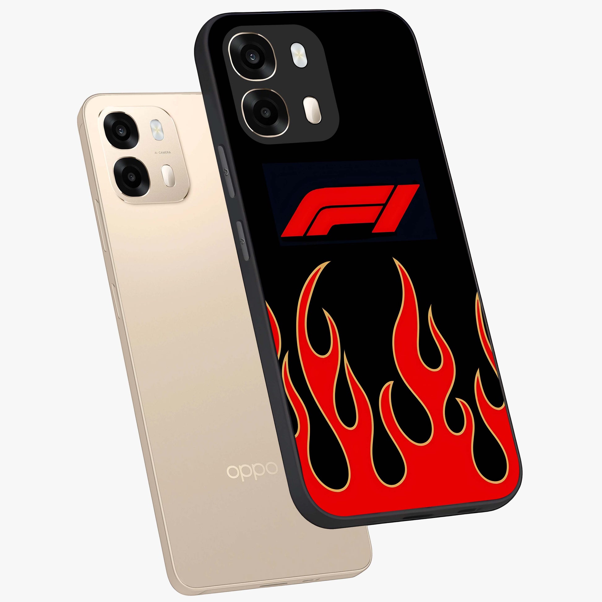 Fire F11 Glass Case displayed in angled mockup highlighting bold fire inspired graphic with energetic aesthetic style.