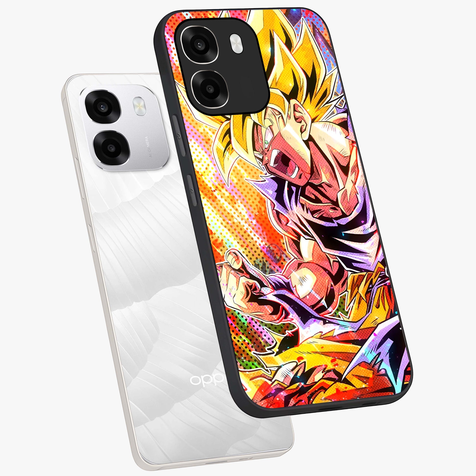 Firing Goku Glass Case displayed in angled mockup highlighting dynamic anime character design with action aesthetic.