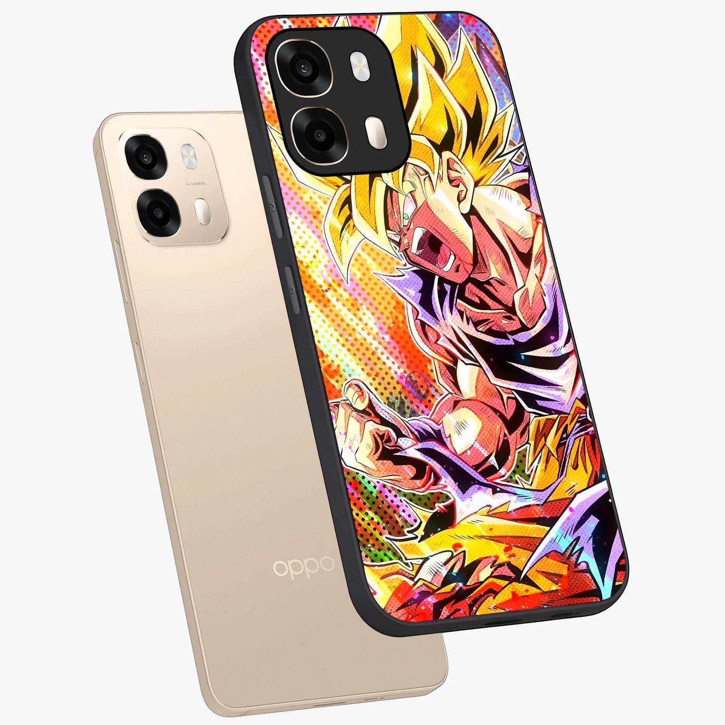 Firing Goku Glass Case displayed in angled mockup highlighting dynamic anime character design with action aesthetic.