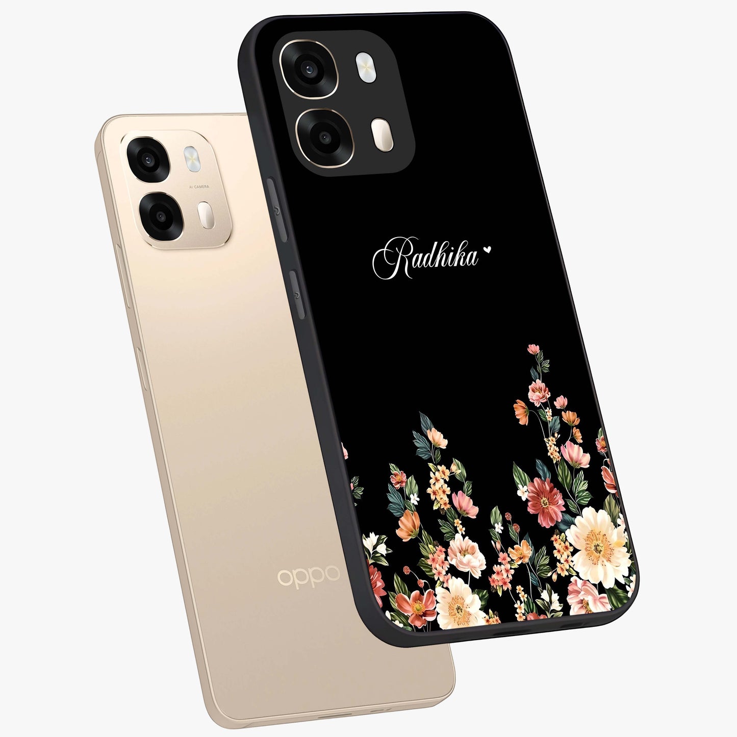 Floral Design With a Custom Personalized Name Glass Case displayed in angled mockup highlighting elegant floral pattern with custom name feature.