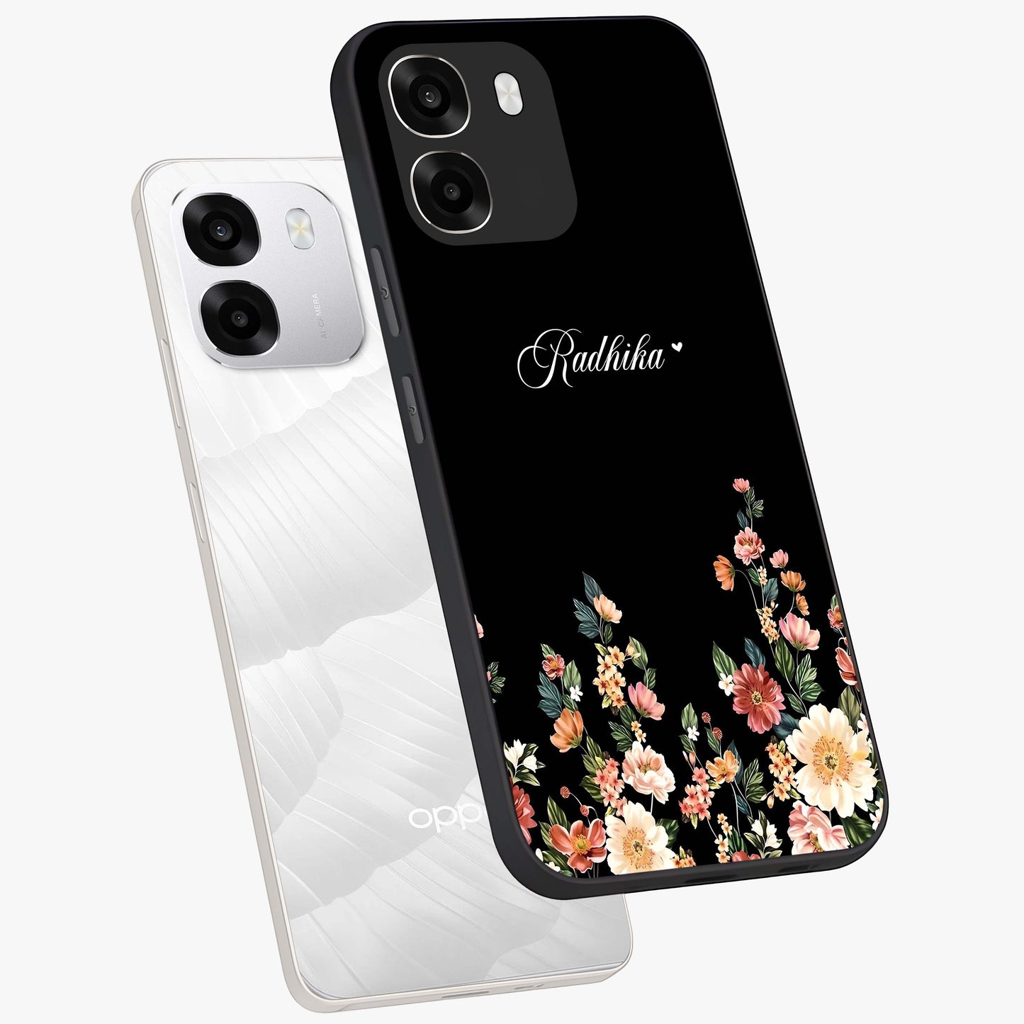Floral Design With a Custom Personalized Name Glass Case displayed in angled mockup highlighting elegant floral pattern with custom name feature.