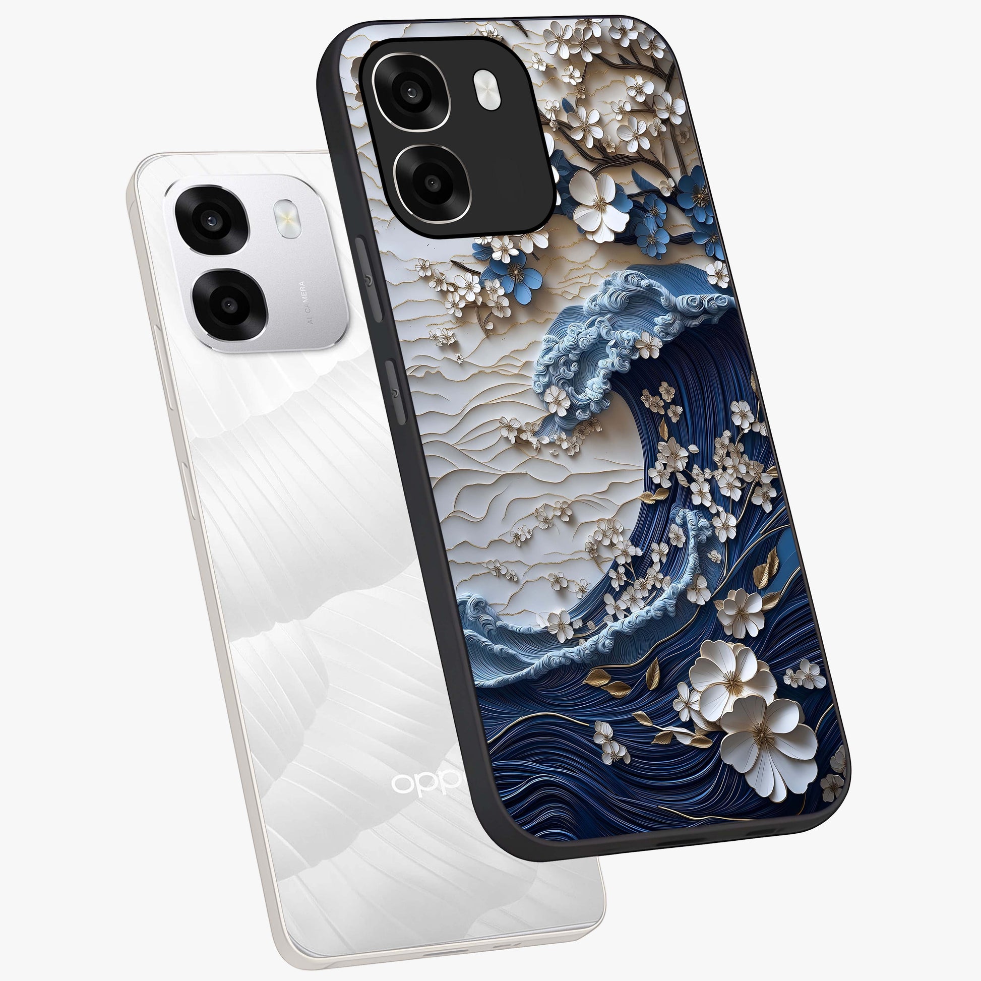 Floral Wave Origami Glass Case displayed in angled mockup highlighting geometric origami flower design with modern aesthetic style.