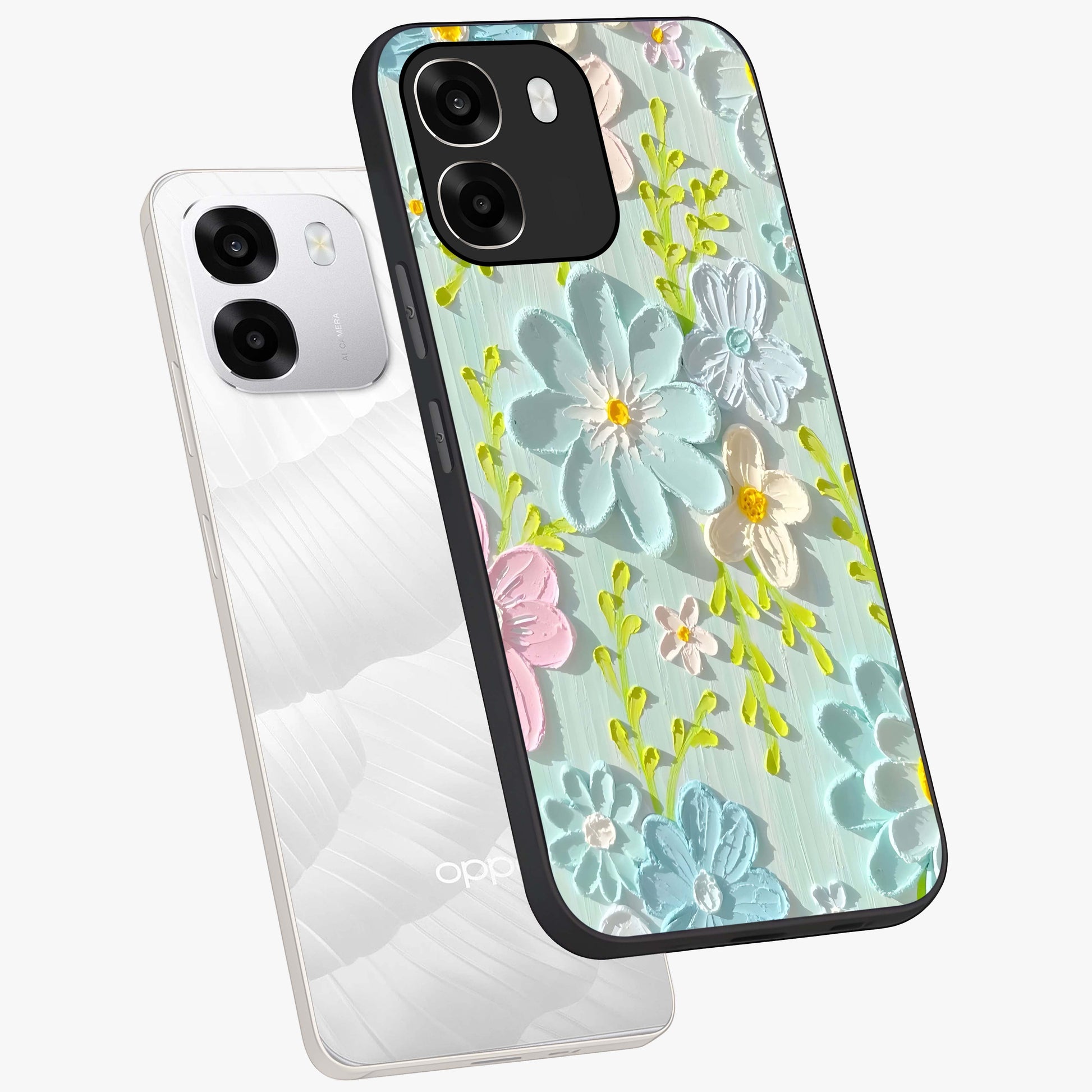 Frosted Petal Garden Glass Case displayed in angled mockup highlighting delicate flower petal design with calm garden aesthetic.