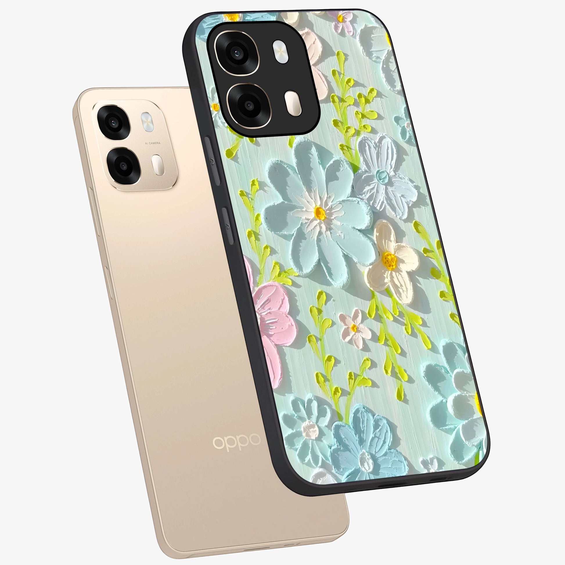 Frosted Petal Garden Glass Case displayed in angled mockup highlighting delicate flower petal design with calm garden aesthetic.
