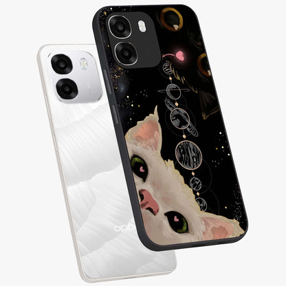 Galactic Cat Glass Case displayed in angled mockup highlighting celestial feline illustration with galaxy aesthetic style.