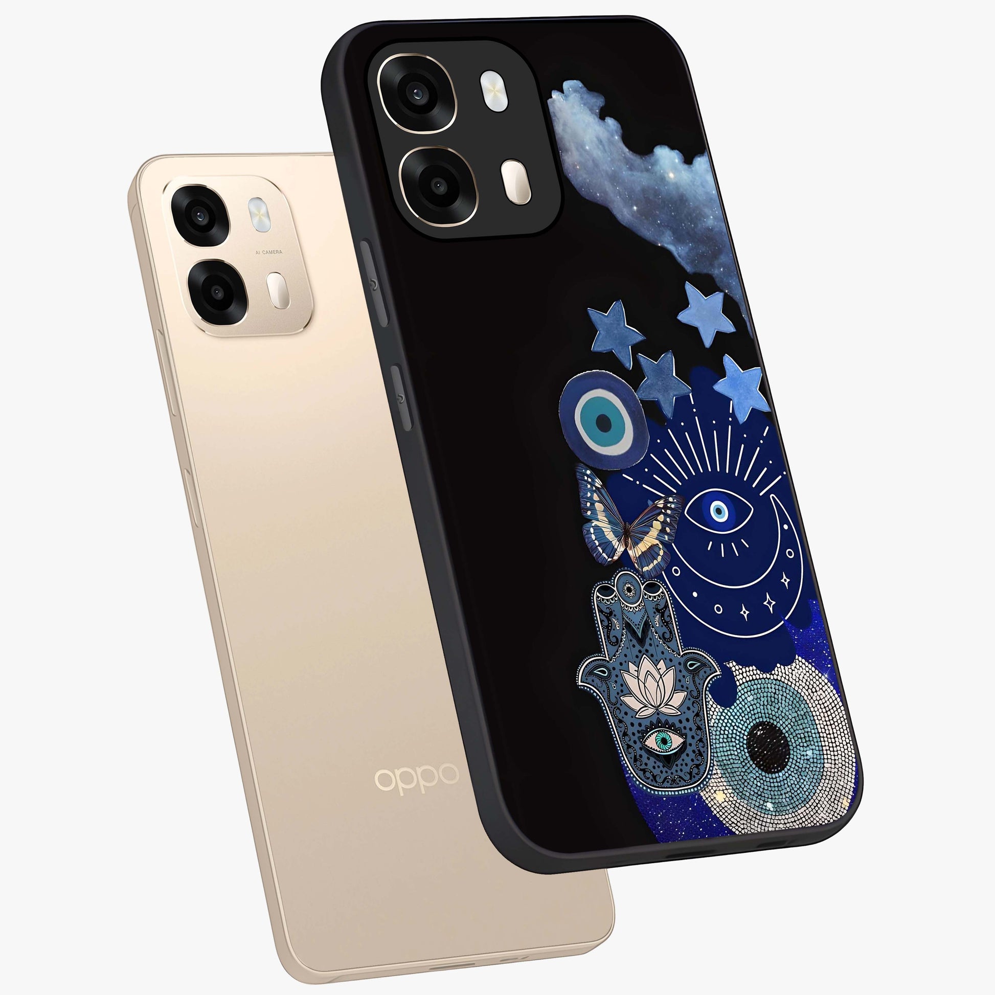 Galactic Charm Cluster Glass Case displayed in angled mockup highlighting luminous galaxy inspired design with dreamy aesthetic.