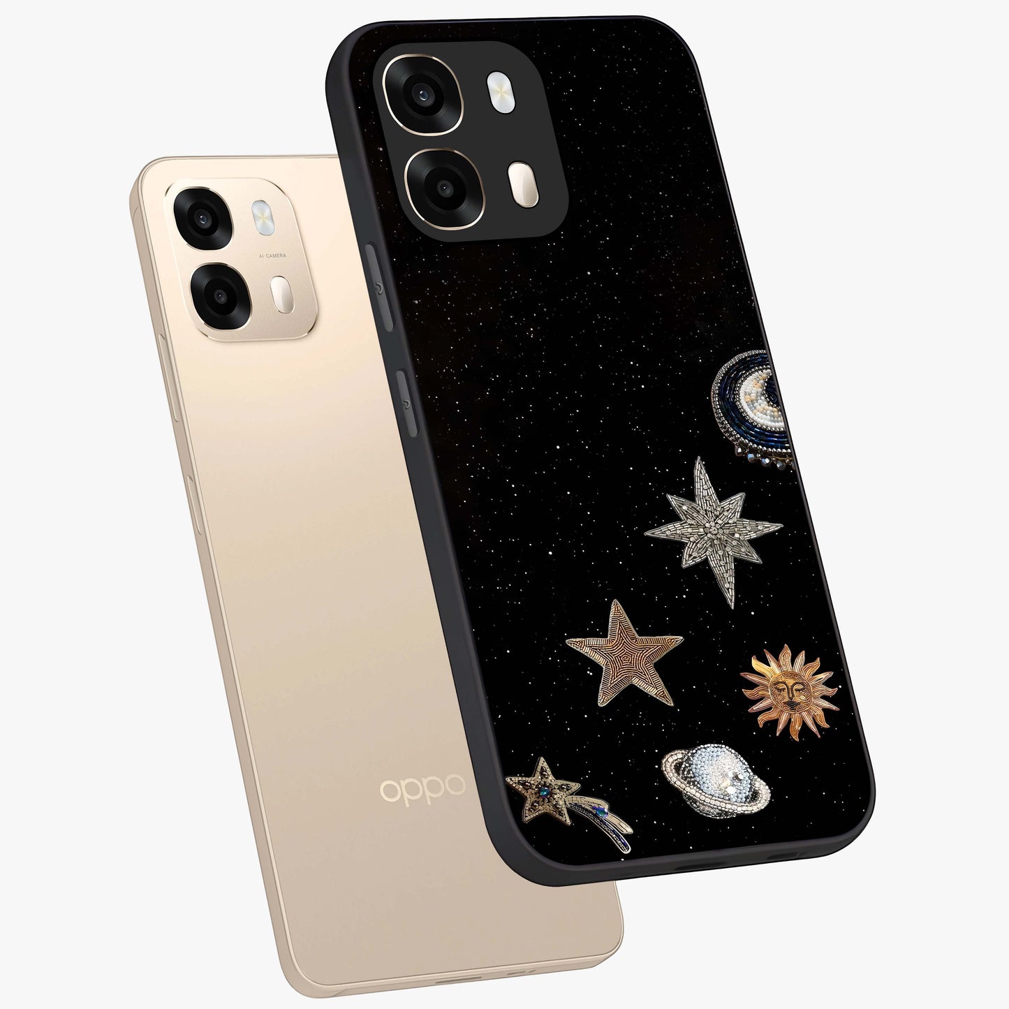 Galactic Charm Glow Glass Case displayed in angled mockup highlighting luminous galaxy inspired design with dreamy aesthetic.