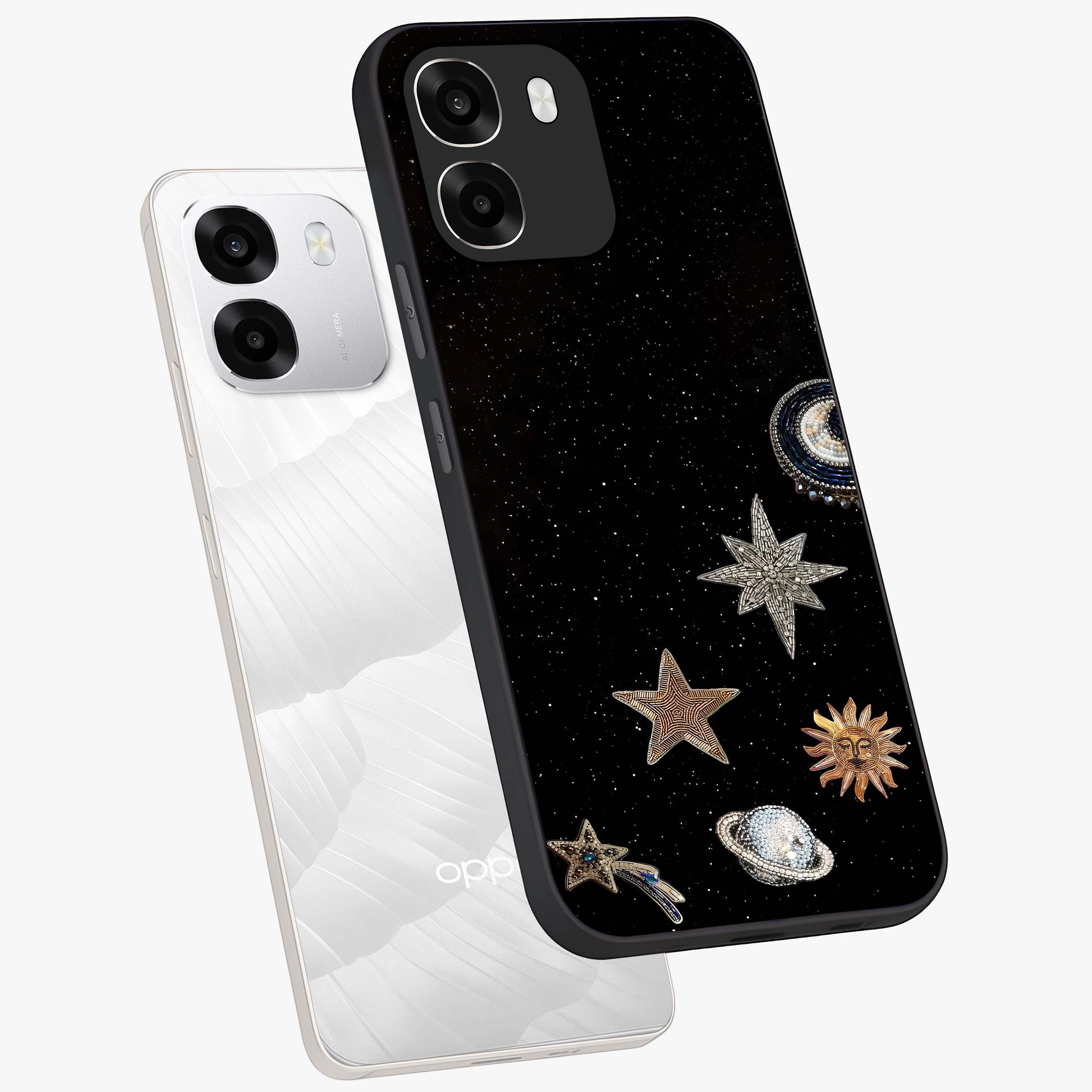 Galactic Charm Glow Glass Case displayed in angled mockup highlighting luminous galaxy inspired design with dreamy aesthetic.