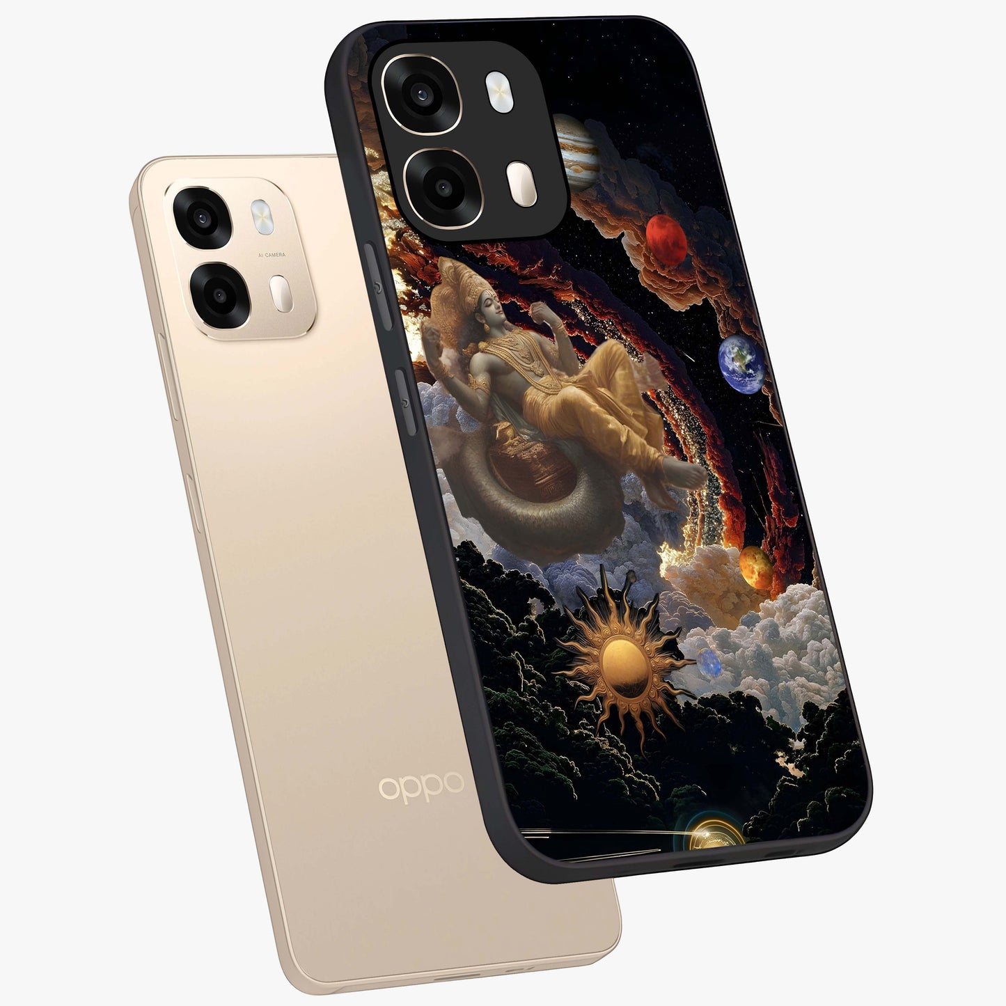 Galactic Divine God Glass Case displayed in angled mockup highlighting powerful celestial deity illustration with galactic aesthetic.