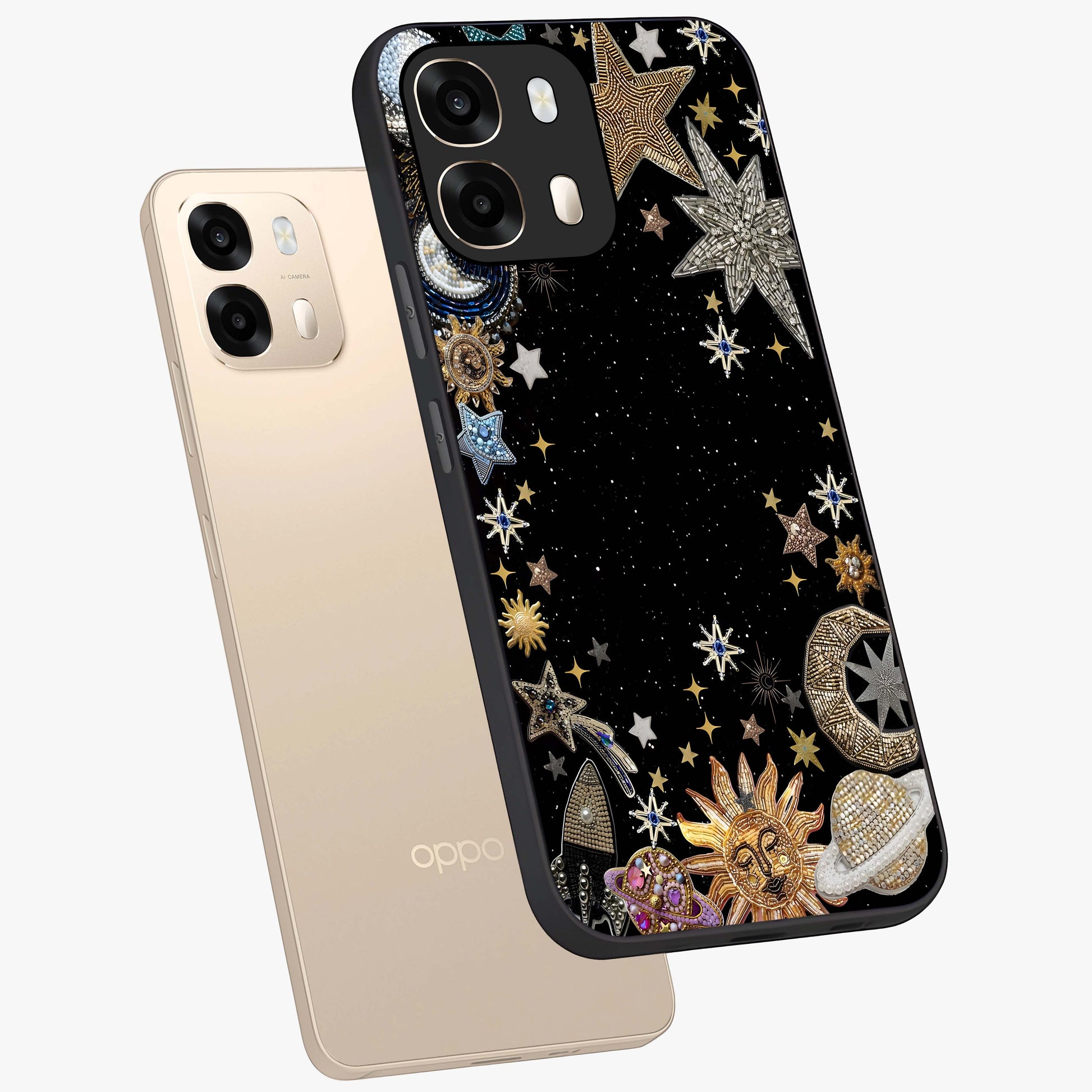 Galactic Jewel Stars Glass Case displayed in angled mockup highlighting shining celestial star design with cosmic aesthetic style.