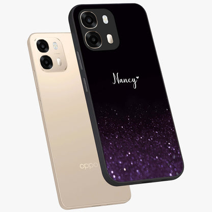 Glittery Purple Bokeh Custom Name Glass Case displayed in angled mockup highlighting glitter bokeh pattern with custom name feature.