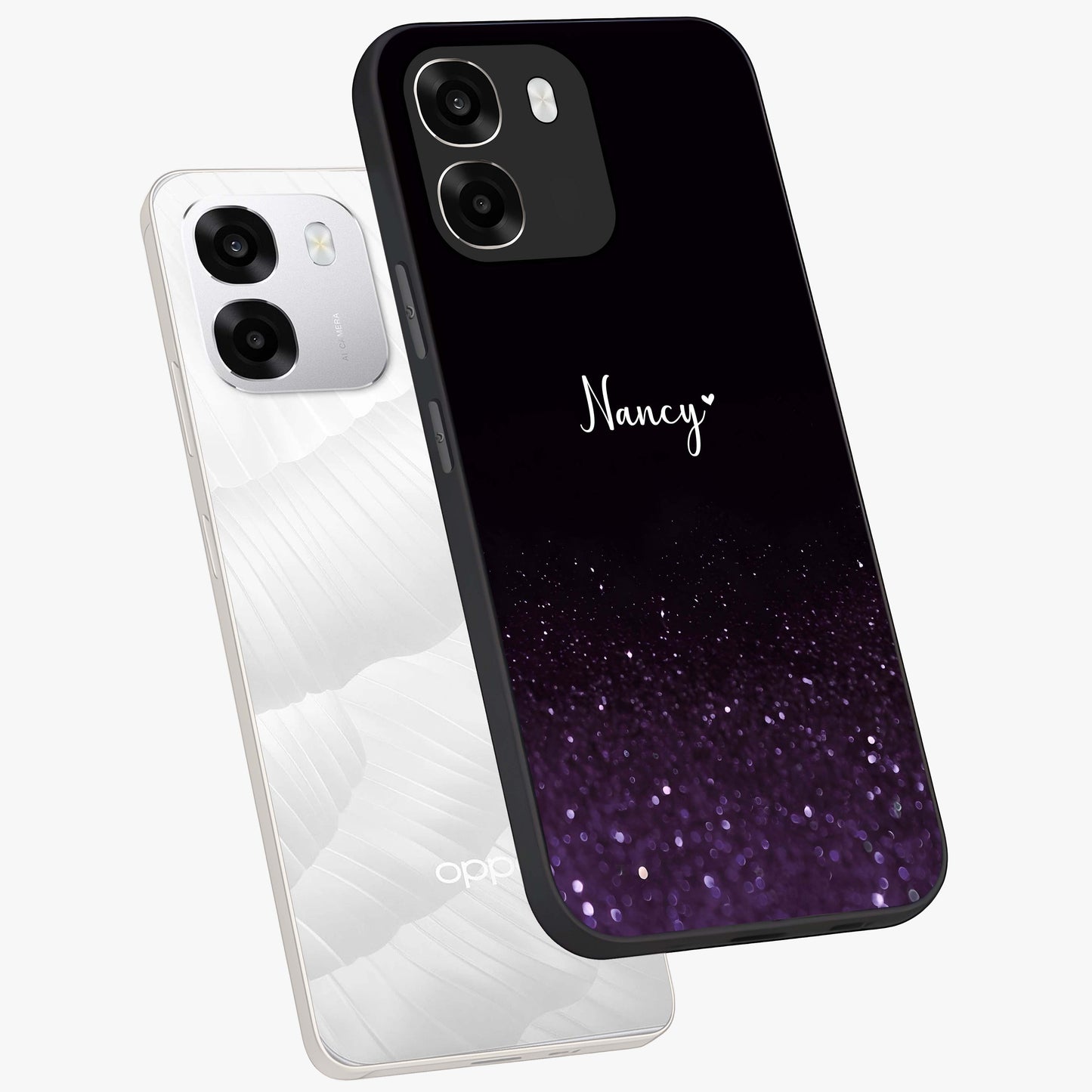 Glittery Purple Bokeh Custom Name Glass Case displayed in angled mockup highlighting glitter bokeh pattern with custom name feature.