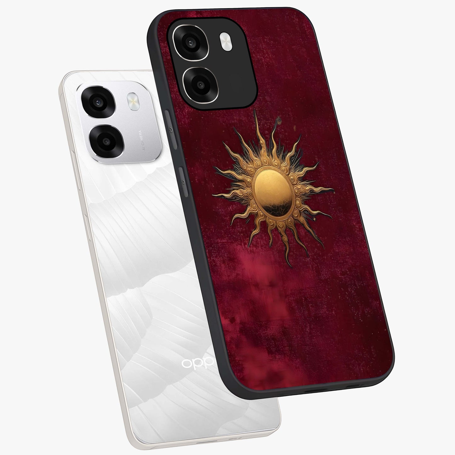 Golden Sun Minimalism Glass Case displayed in angled mockup highlighting clean sun symbol design with modern minimal aesthetic.