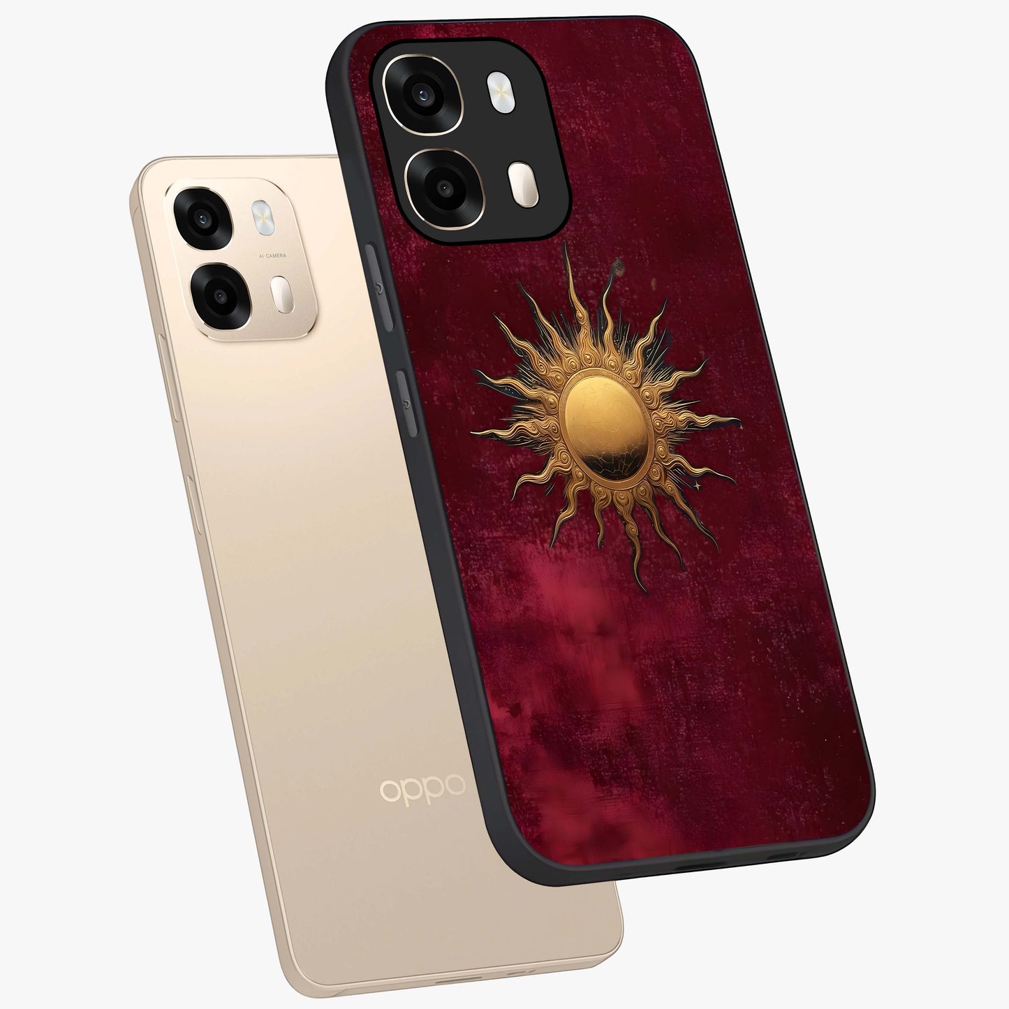 Golden Sun Minimalism Glass Case displayed in angled mockup highlighting clean sun symbol design with modern minimal aesthetic.