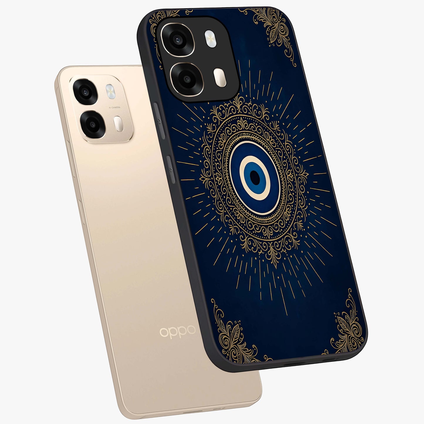 Golden Celestial Charm Glass Case displayed in angled mockup highlighting sparkling cosmic charm design with celestial aesthetic.