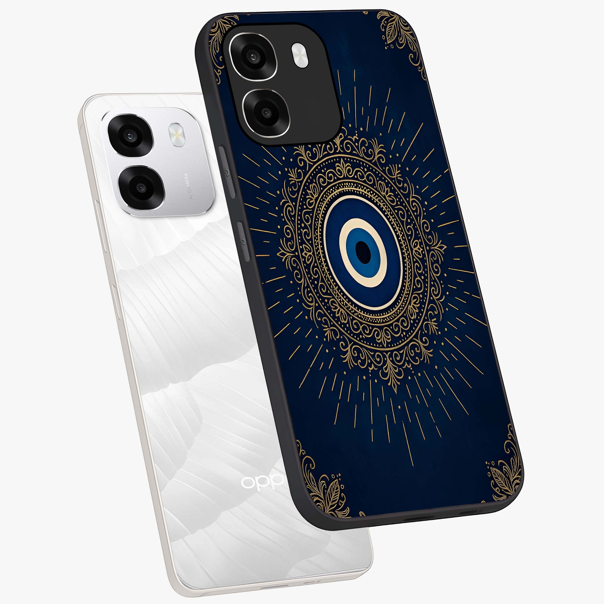 Golden Celestial Charm Glass Case displayed in angled mockup highlighting sparkling cosmic charm design with celestial aesthetic.