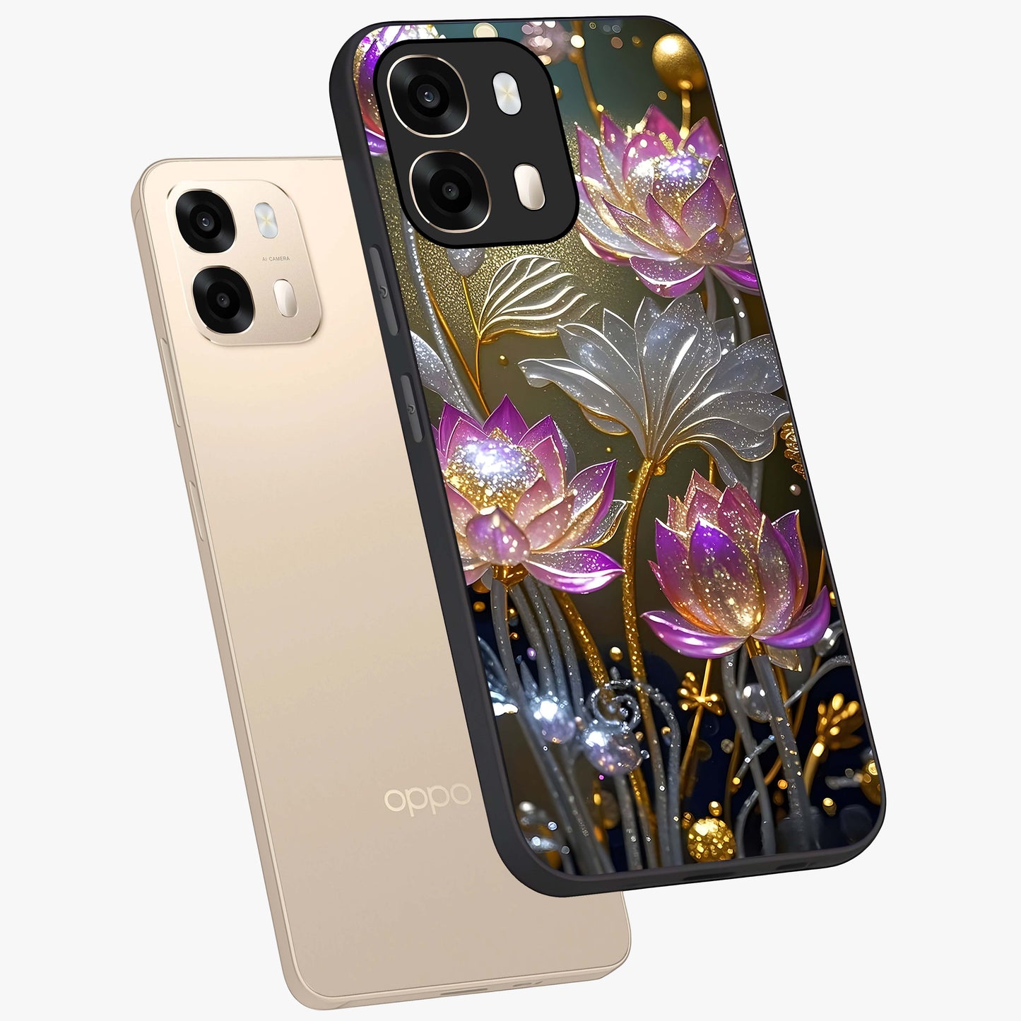 Golden Floral Majesty Glass Case displayed in angled mockup highlighting elegant flower design with royal golden aesthetic.