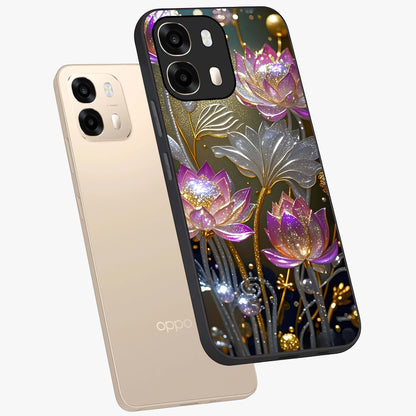 Golden Floral Majesty Glass Case displayed in angled mockup highlighting elegant flower design with royal golden aesthetic.