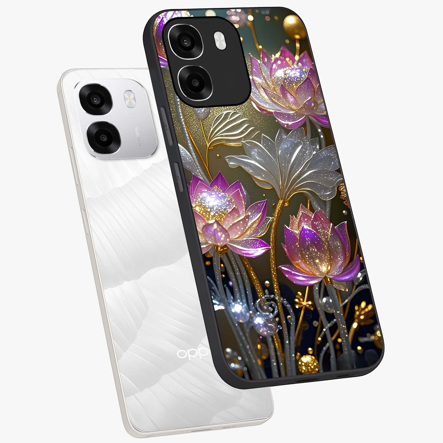 Golden Floral Majesty Glass Case displayed in angled mockup highlighting elegant flower design with royal golden aesthetic.