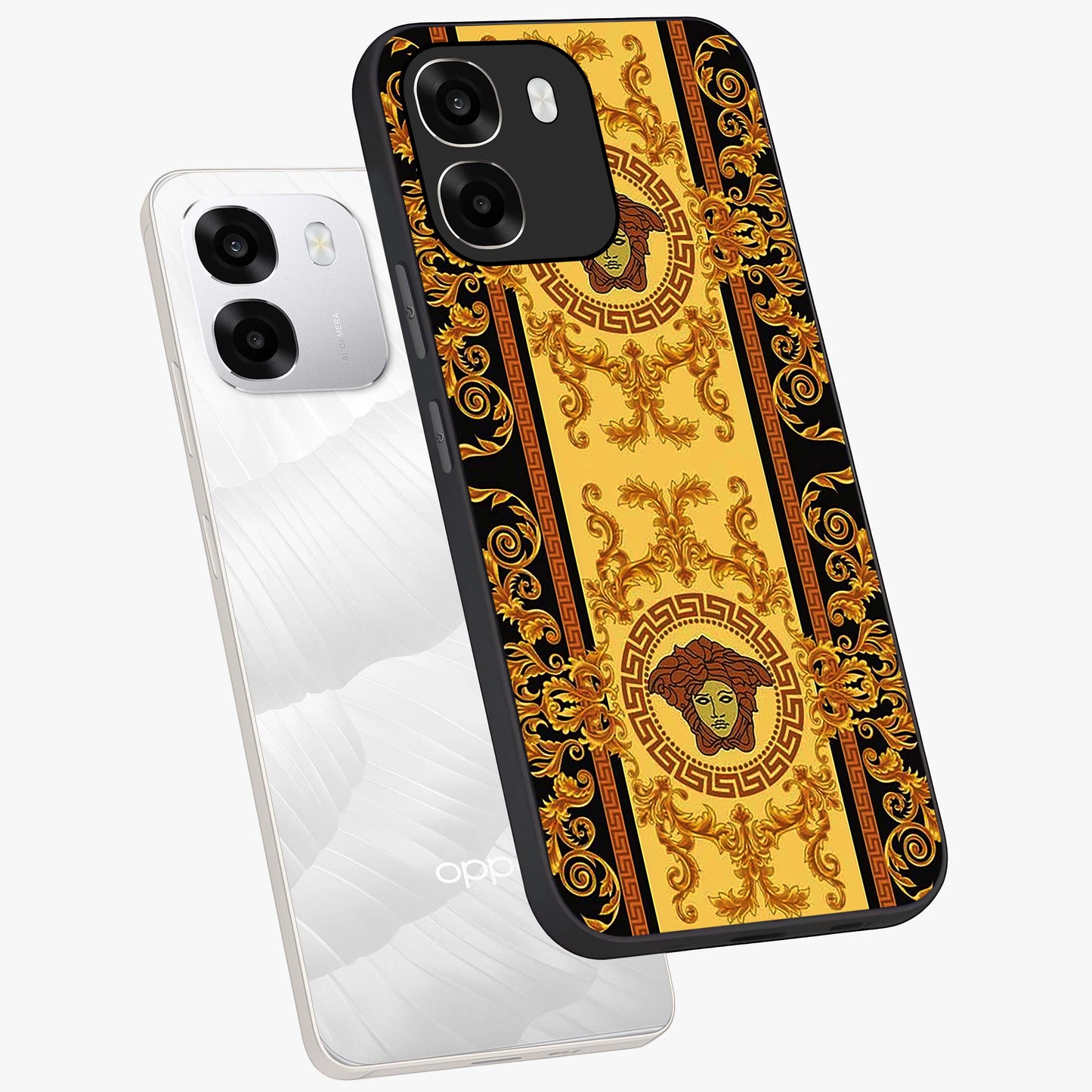 Golden Lotus Glow Glass Case displayed in angled mockup highlighting radiant lotus illustration with spiritual aesthetic.