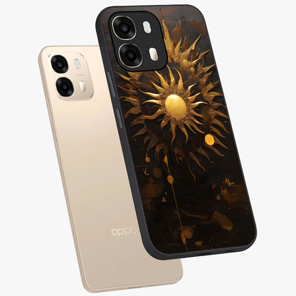 Golden Sun Majesty Glass Case displayed in angled mockup highlighting eerie shadow illustration with gothic aesthetic.