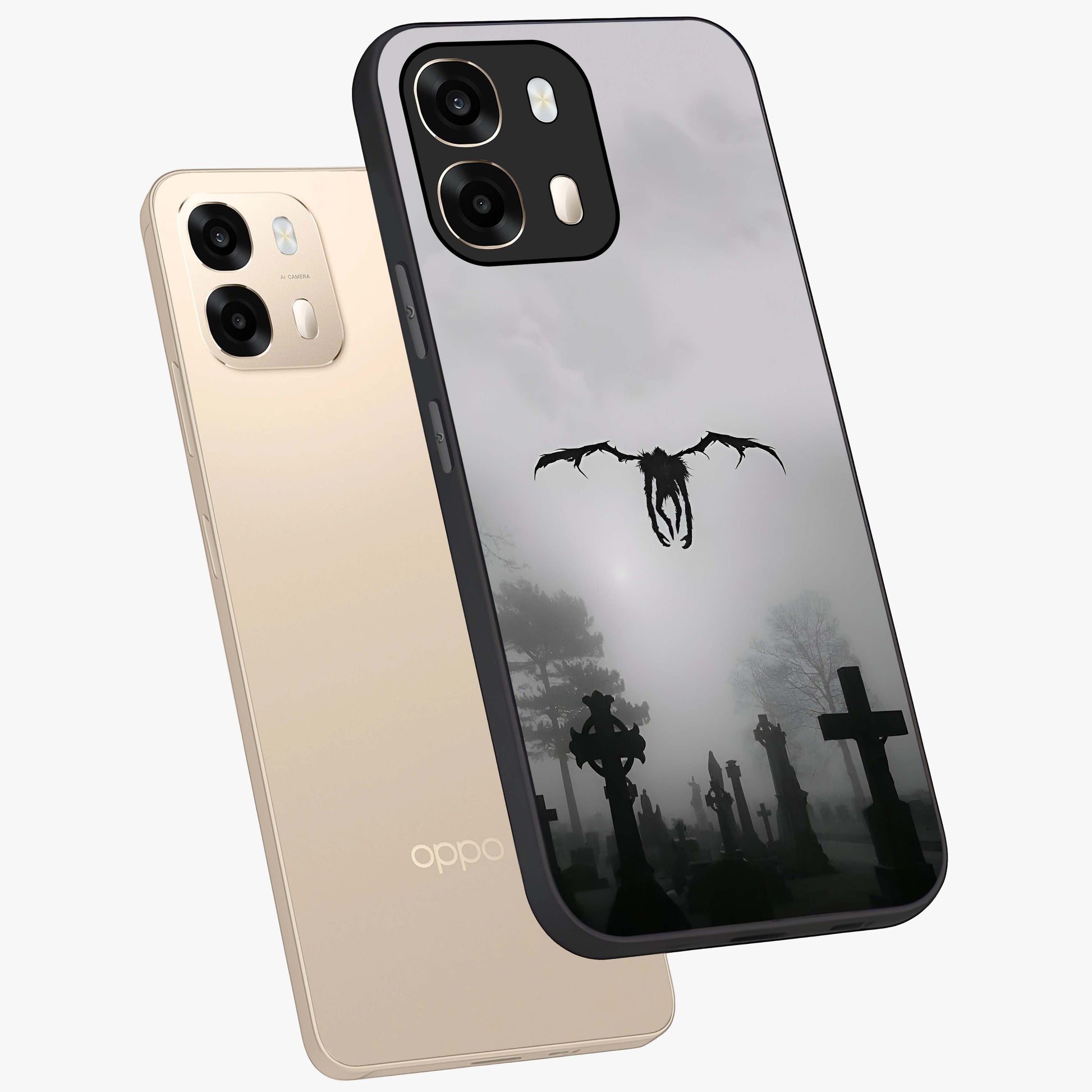 Graveyard Shadow Descent Glass Case displayed in angled mockup highlighting eerie shadow illustration with gothic aesthetic.