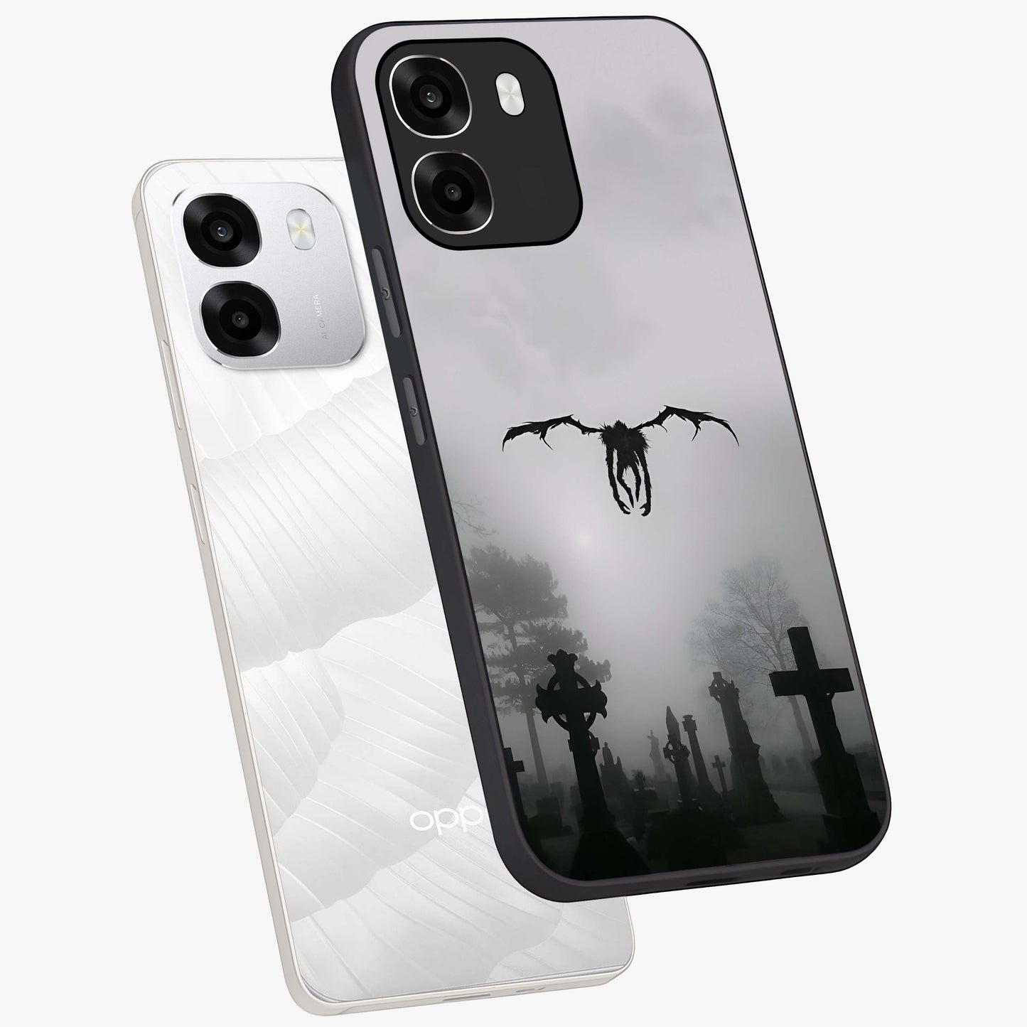 Graveyard Shadow Descent Glass Case displayed in angled mockup highlighting eerie shadow illustration with gothic aesthetic.